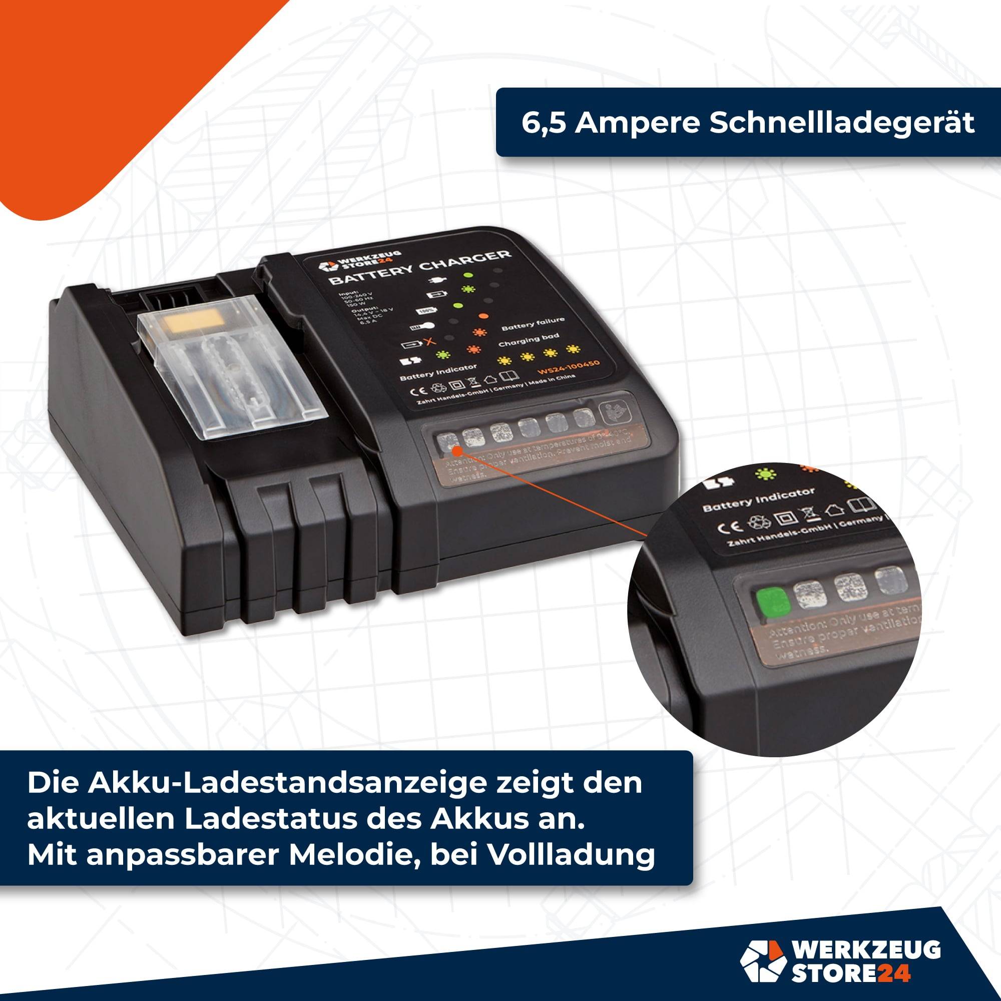 Batterieladegerät mit Statusanzeigen für ein 6,5-Ampere-Schnellladegerät mit visuellem Display und einstellbarem Melodie-Alarm bei vollständiger Aufladung.