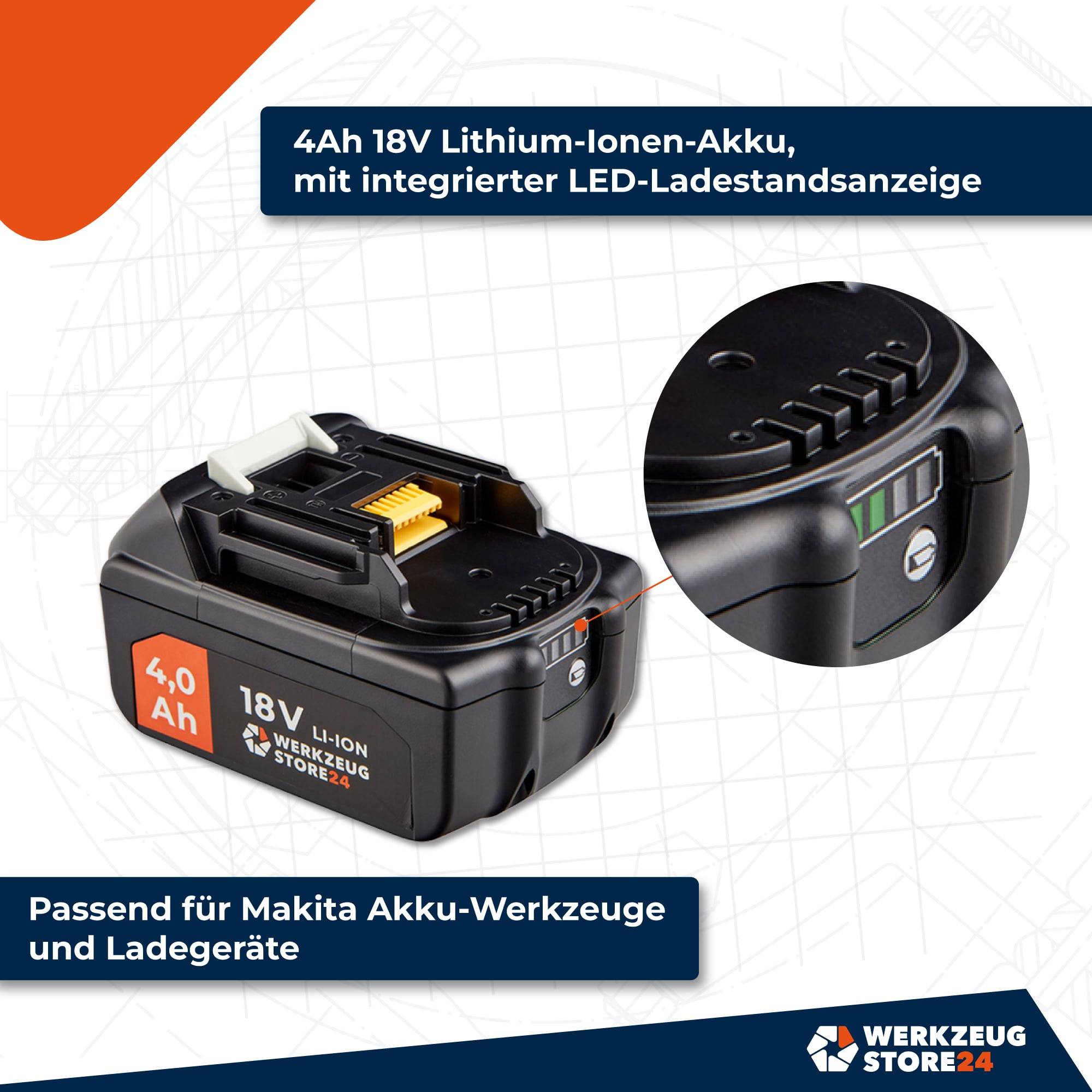 Das Bild zeigt einen 4Ah 18V Lithium-Ionen-Akku mit integriertem LED-Ladeanzeiger, der für Makita Akku-Werkzeuge und Ladegeräte geeignet ist.