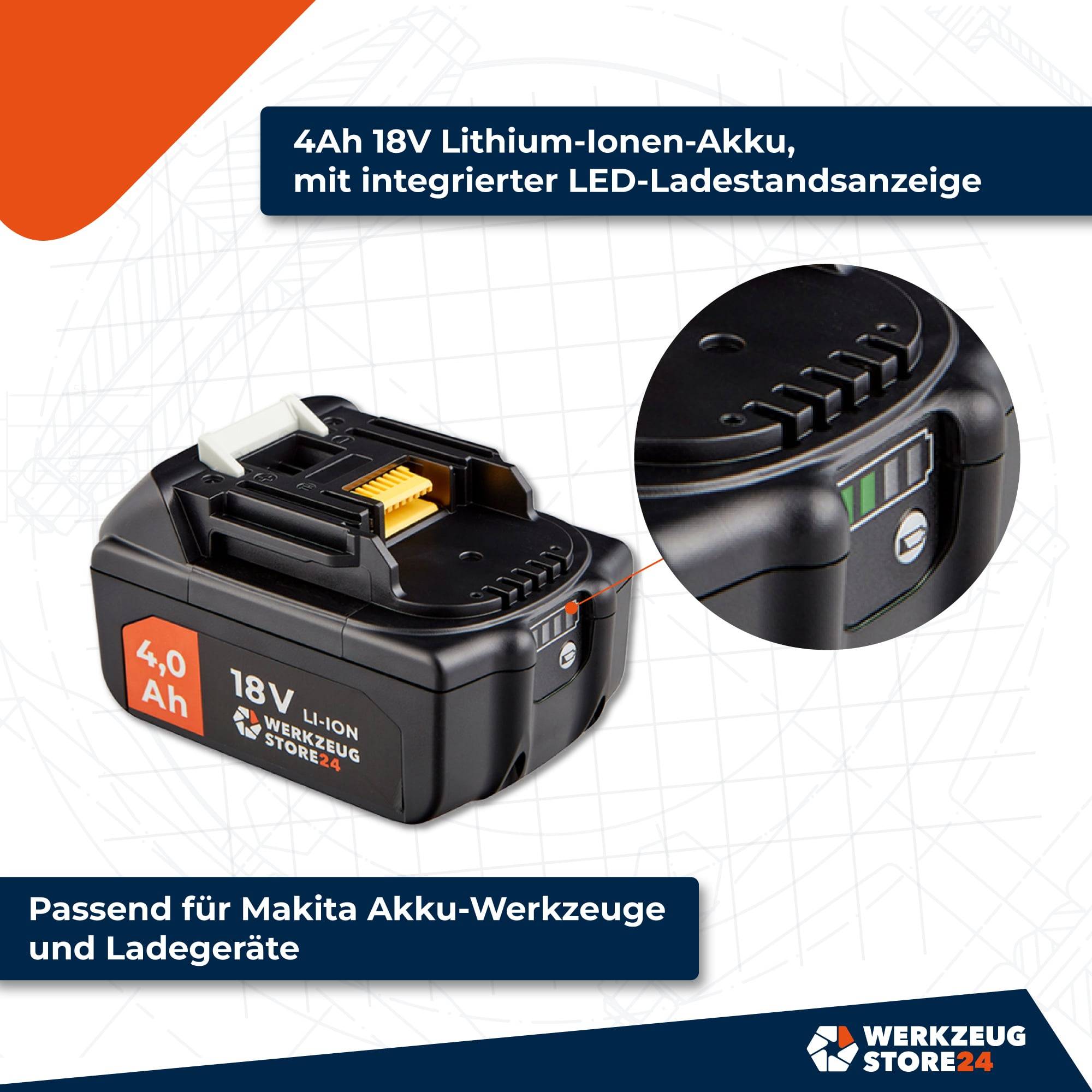 4Ah 18V Lithium-Ionen-Akku mit LED-Ladeanzeige, kompatibel mit Makita-Werkzeugen und -Ladegeräten.