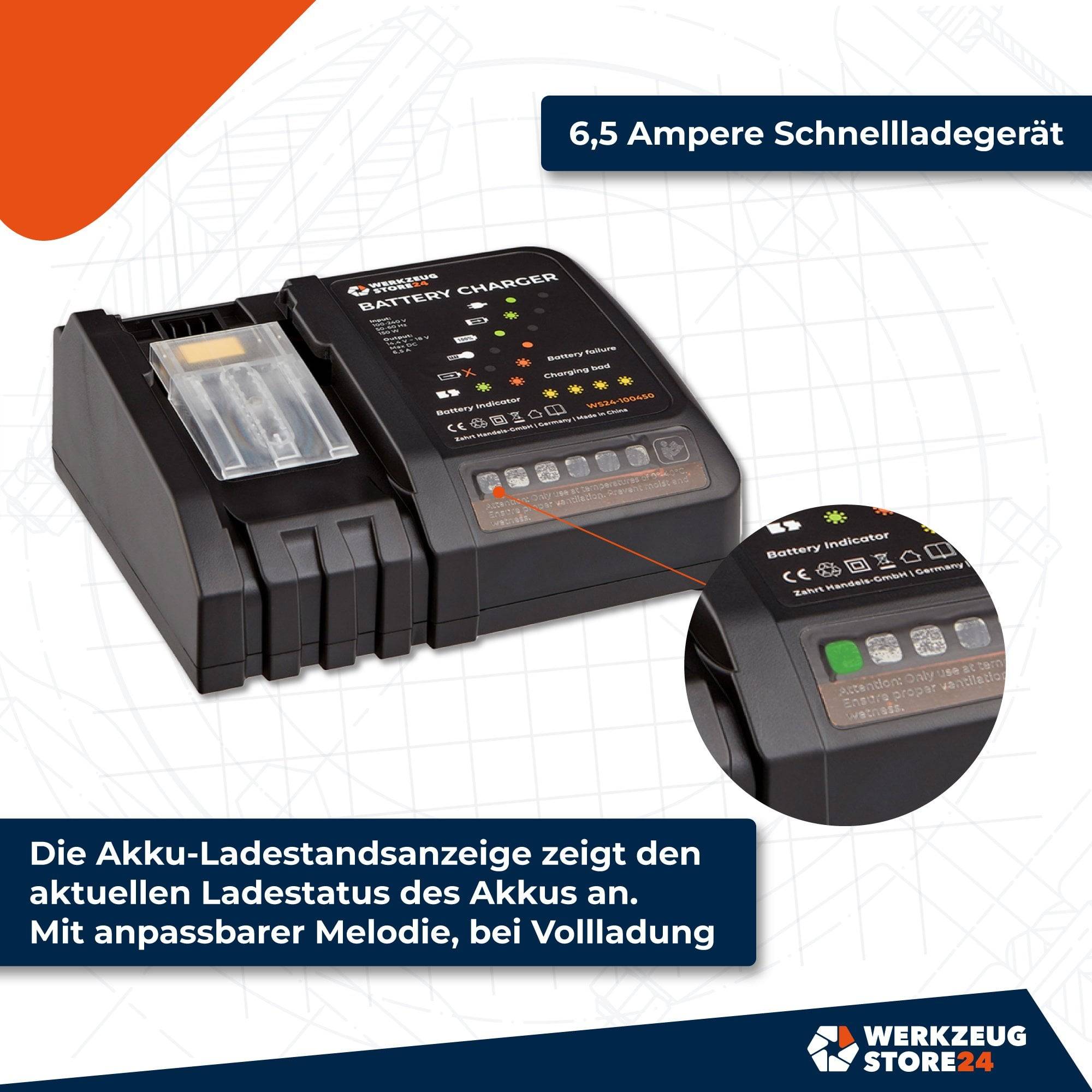 Ein schwarzes Ladegerät mit der Beschriftung '6.5 Ampere Schnellladegerät'. Zu den Funktionen gehören einstellbare Melodien bei vollständiger Ladung und Statusanzeigen.