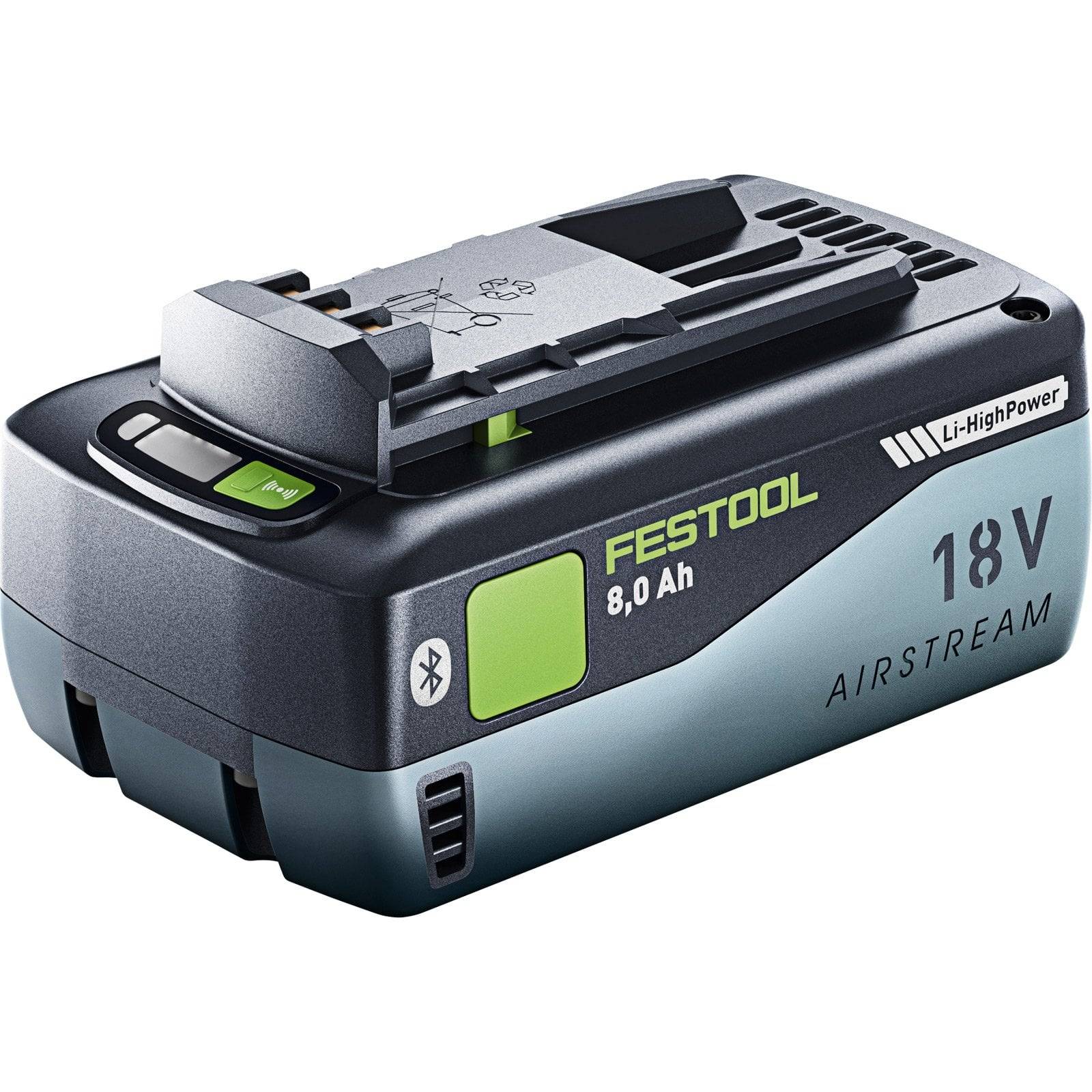 Festool Airstream 18V Li-HighPower 8.0 Ah Akku mit Designdetails und Markenelementen, einschließlich Ladezustandsanzeige und Produktetikett.