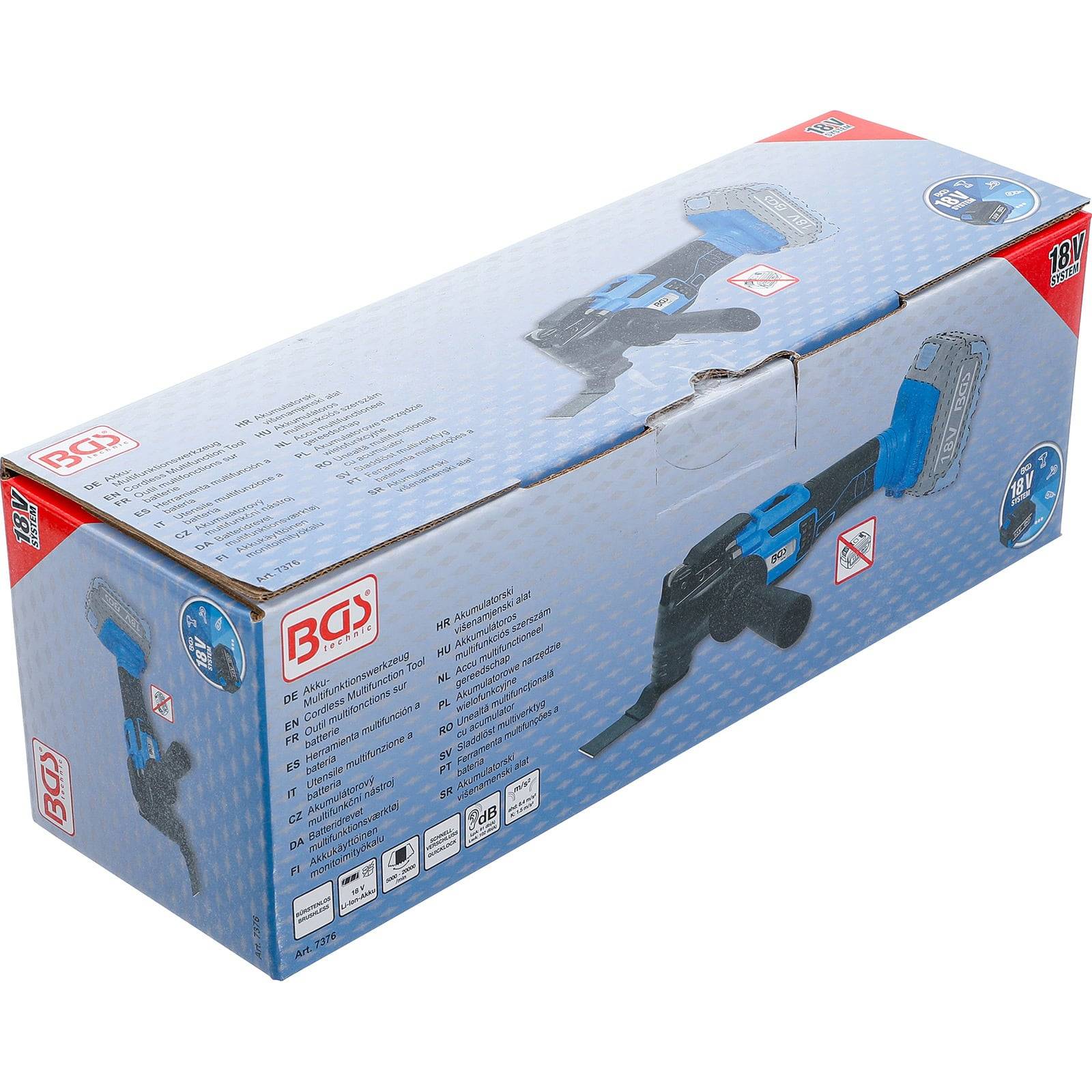 Eine blaue und schwarze kabellose Säbelsäge in einer Markenkiste mit Batteriedetails und Bedienungsanleitung auf der Verpackung.