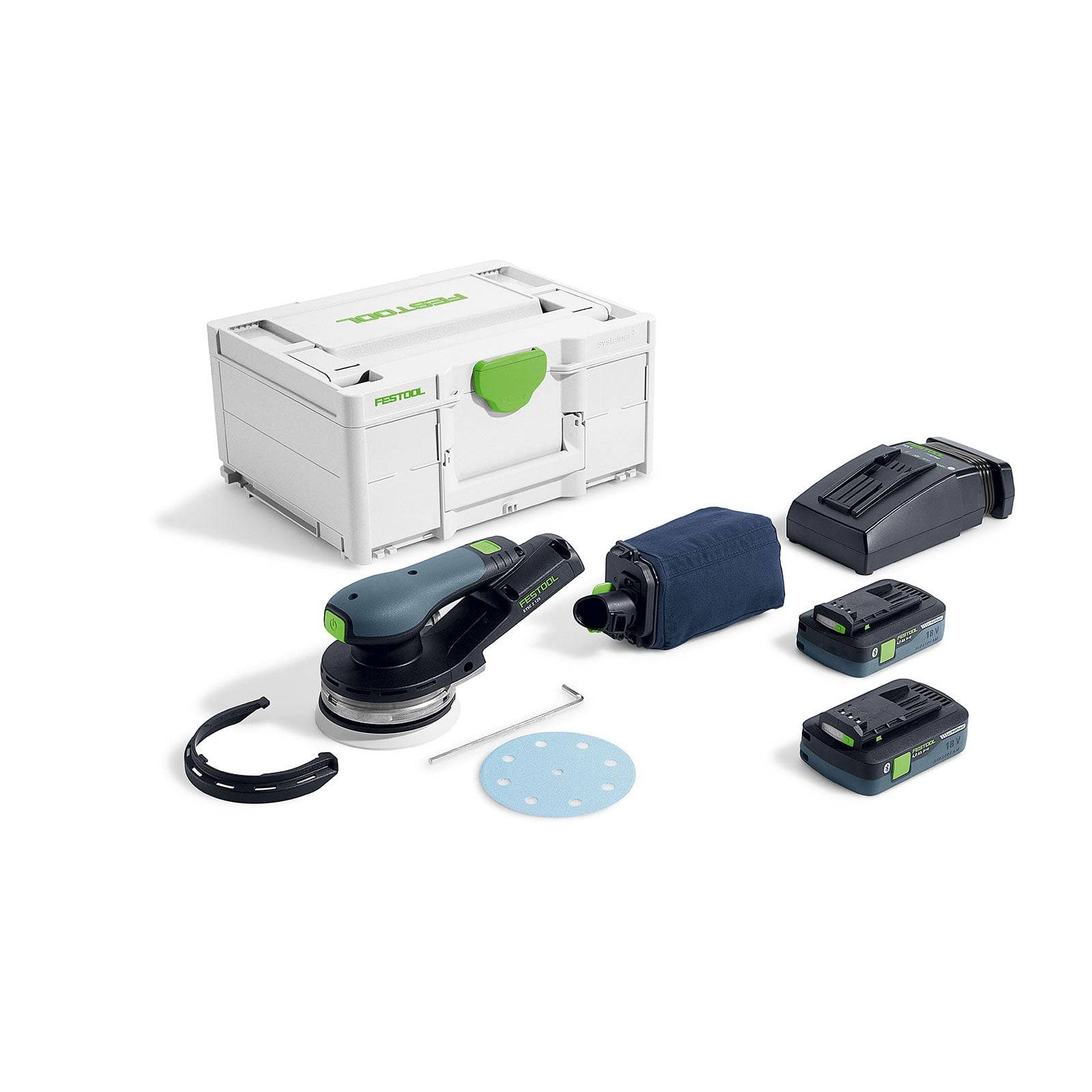 Ein Festool kabelloser Schleifer-Set, bestehend aus einem Schleifer, Akkupacks, Ladegerät, Staubbeutel, Schleifpad und Transportkoffer, auf einem weißen Hintergrund angeordnet.