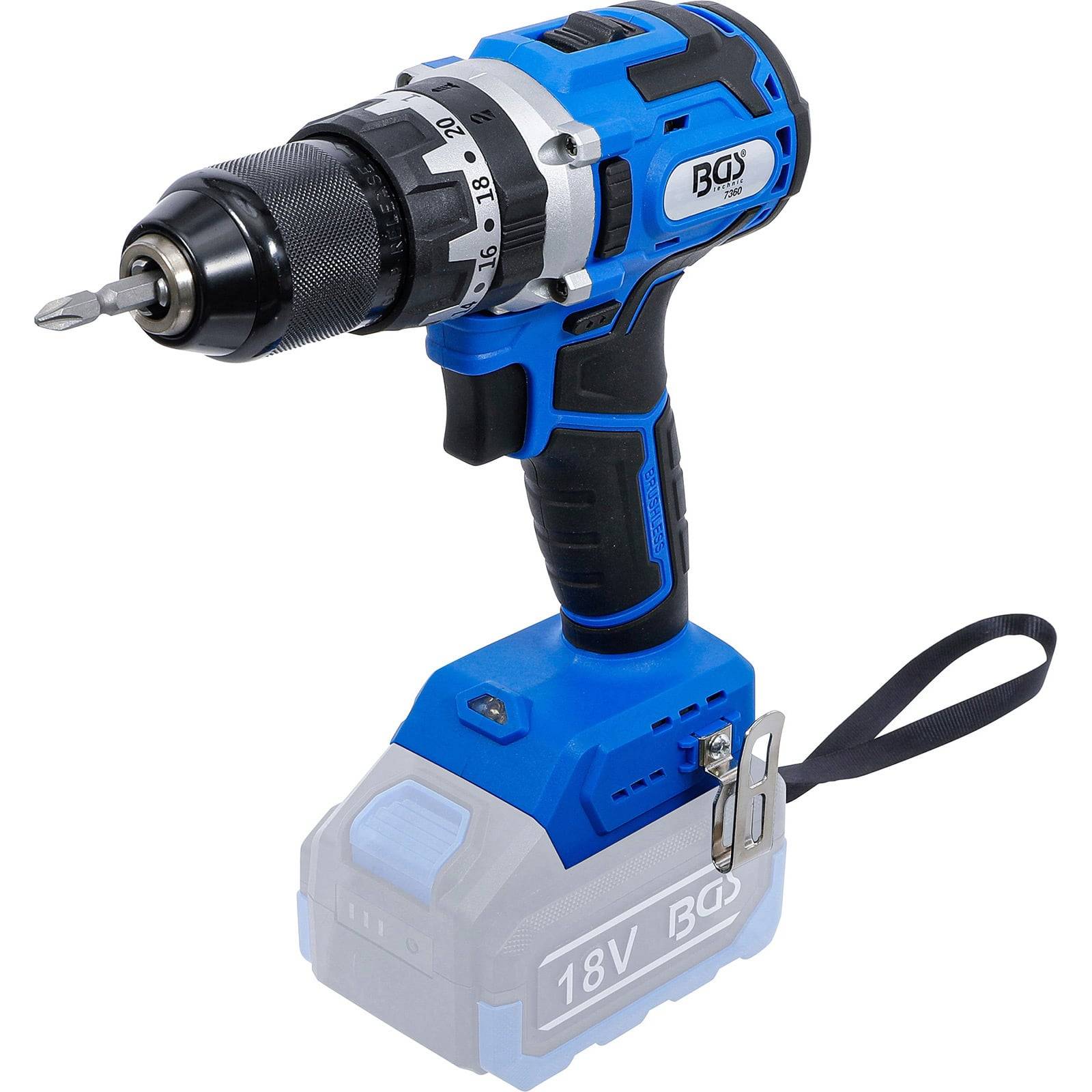 Eine blaue kabellose Bohrmaschine mit einem metallischen Bohrfutter, gekennzeichnet mit einstellbaren Drehmomenteinstellungen, liegt vor einem weißen Hintergrund.