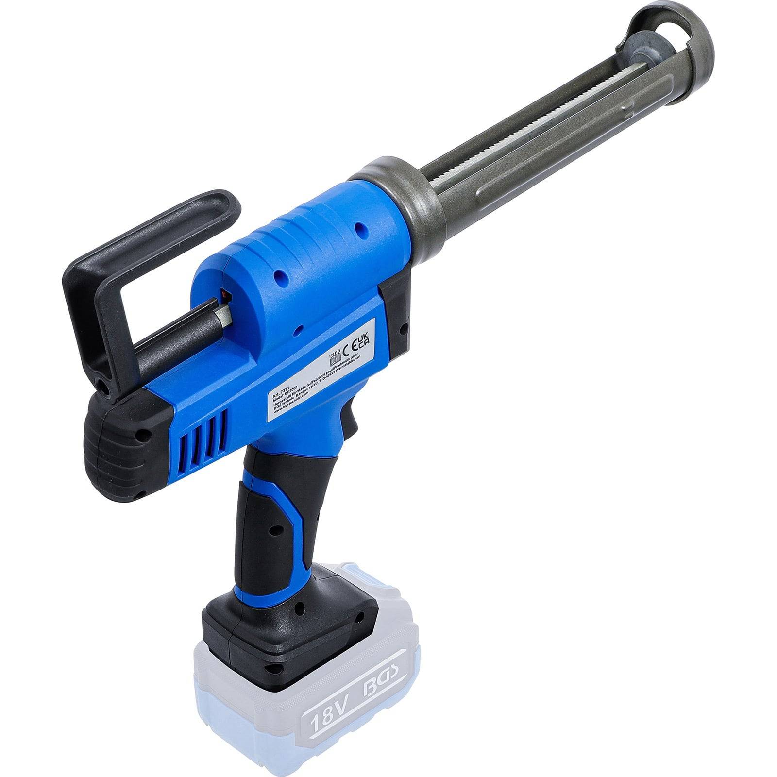 Akkubetriebene Kartuschenpistole in Blau und Schwarz, mit Auslösegriff und zylindrischem Halter zum Auftragen von Kartuschen.