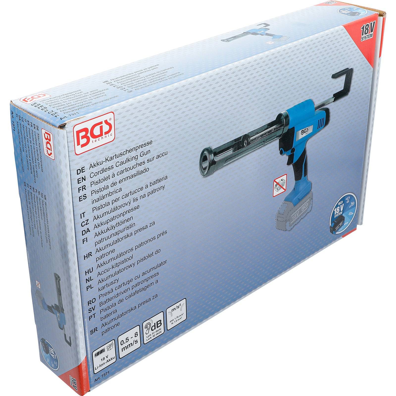 Eine BGS 18V kabelloses Kartuschenpistole in ihrer Verpackung, die das Bild des Werkzeugs und Spezifikationen in mehreren Sprachen auf der Schachtel zeigt.