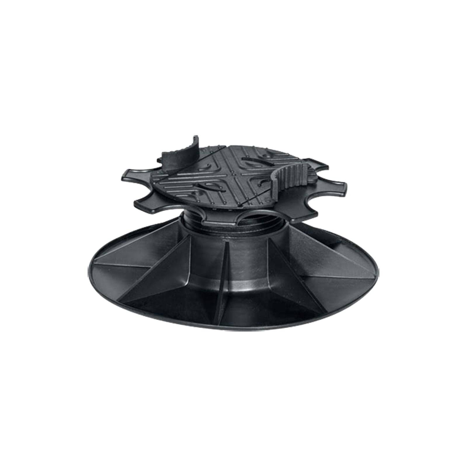 Eine schwarze, verstellbare Sockelstütze, die für die Installation von erhöhten Terrassen oder Böden verwendet wird, mit einer runden Basis und einer gerillten Oberfläche für Stabilität.