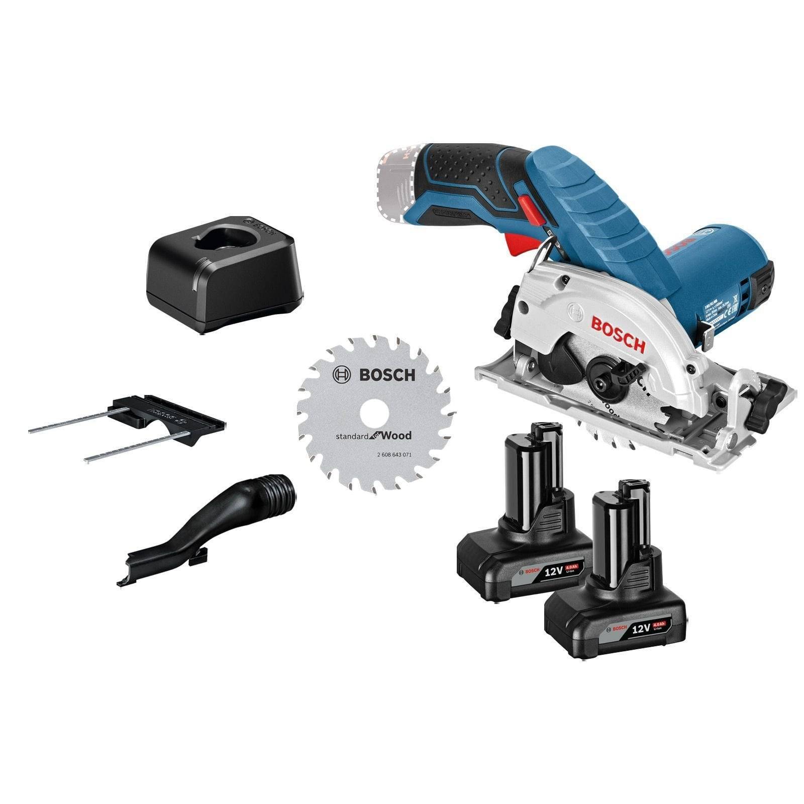 Akku-Säge-Set mit 12V Bosch Säge, zwei Akkus, Ladegerät, Sägeblatt, Schraubenschlüssel und Staubabsaugadapter. Entwickelt zum Schneiden von Holz.
