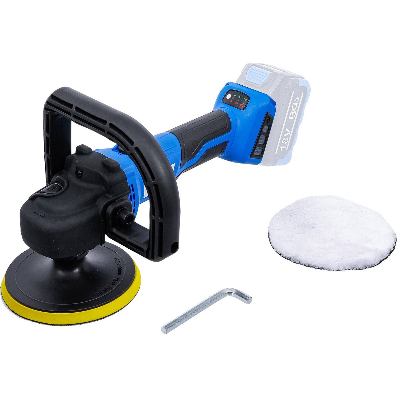 Ein kabelloser elektrischer Poliergerät mit blauem Griff und 18V-Akku. Enthält eine gelbe Polierscheibe, einen weißen Polierhaube und einen Sechskantschlüssel.