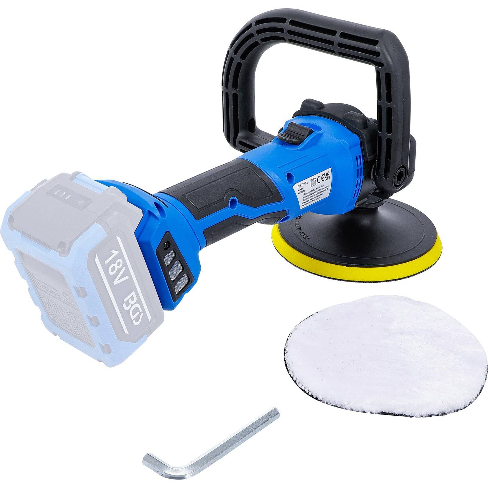„Eine kabellose 18V-Elektroschleifermaschine mit Griff, abgebildet mit einem Poliertuch und einem Innensechskantschlüssel vor einem neutralen Hintergrund.