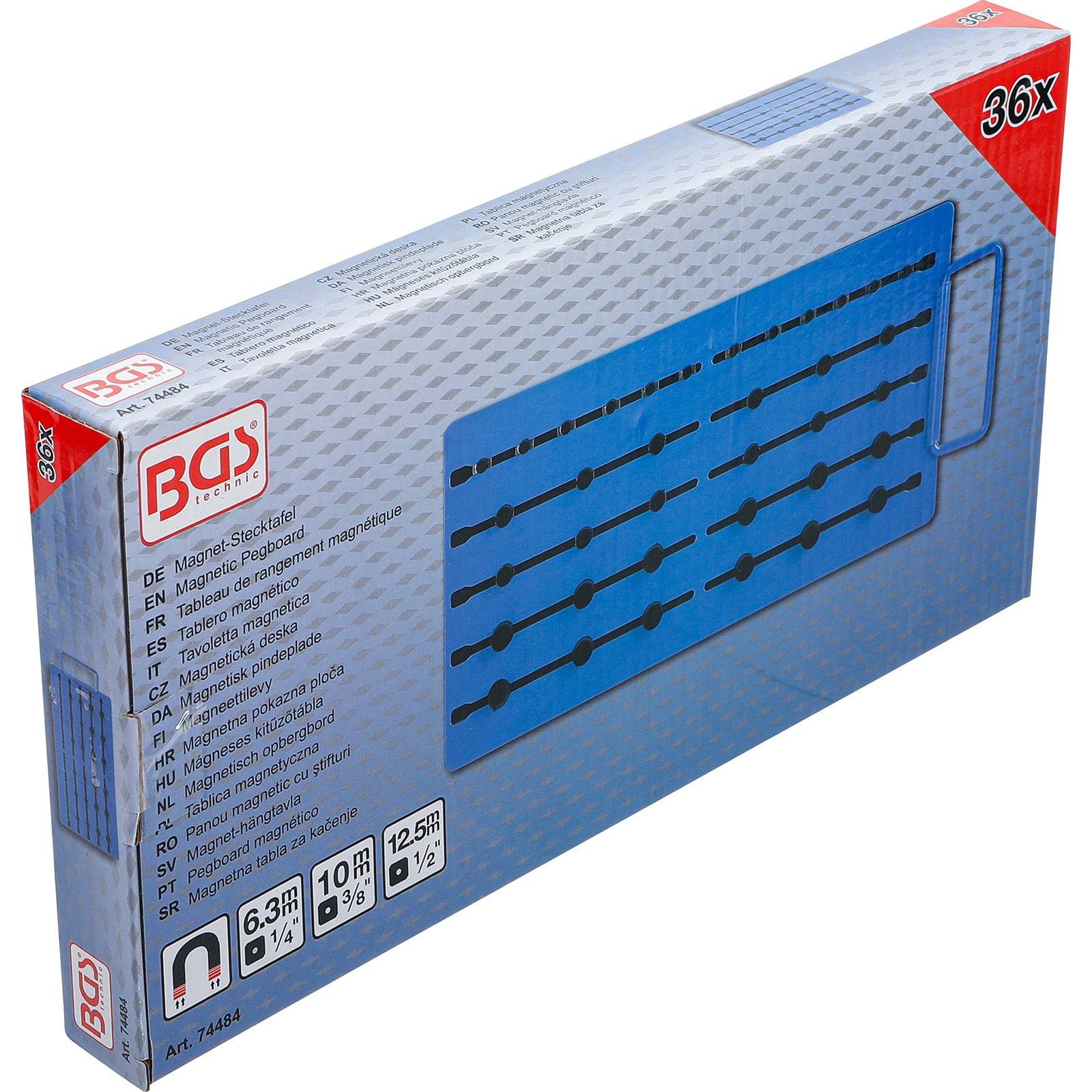 36-teiliges magnetisches Halter-Set Verpackung, mit einem blauen und grauen Design, auf dem Produktspezifikationen und Markenlogo prominent präsentiert werden.
