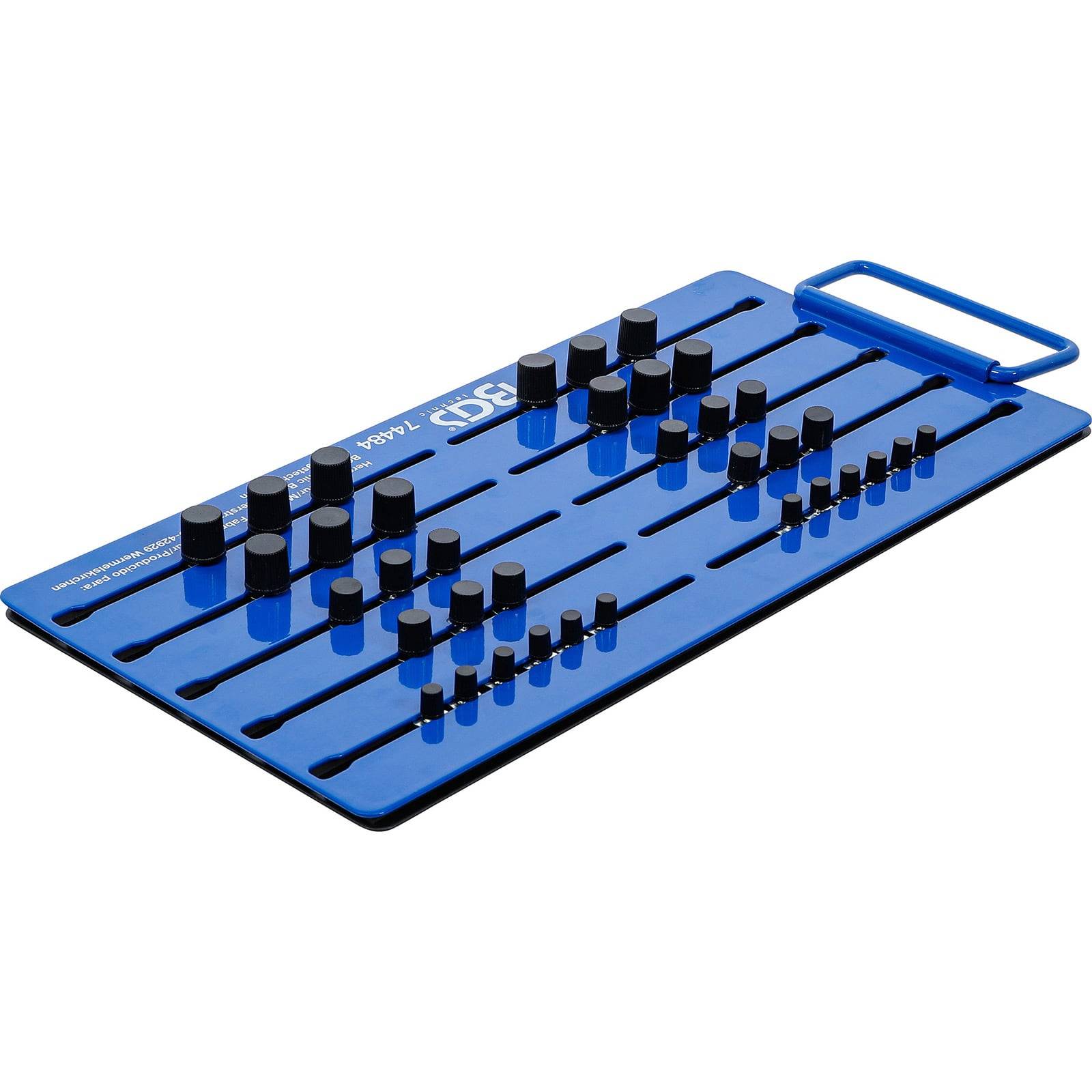 3D-Tastsatz mit Reihen von zylindrischen und rechteckigen blauen und schwarzen Formen auf einem blauen Brett, entwickelt für Bildungszwecke.