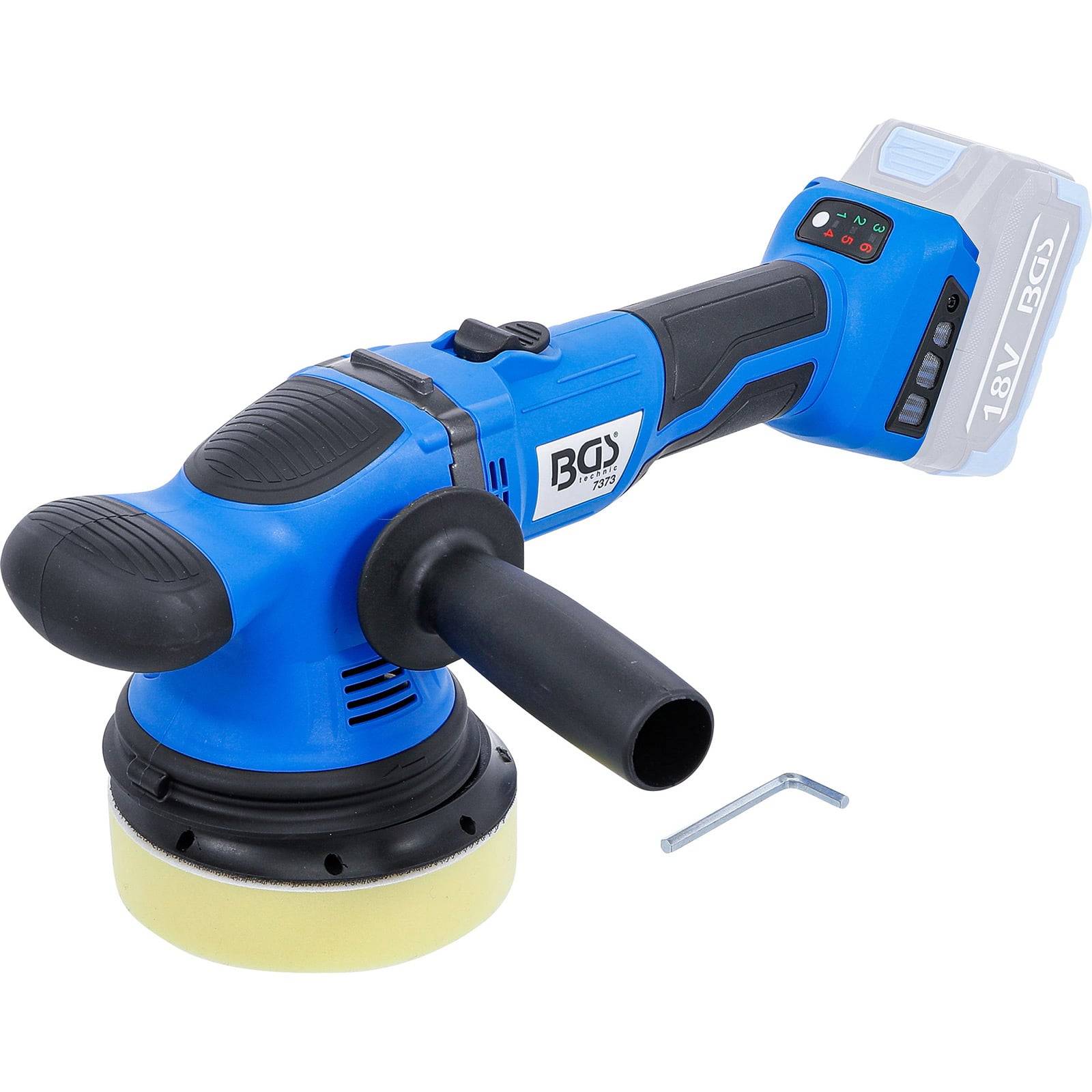 Blauer kabelloser Poliermotor mit Seitengriff und 18V-Akkupack, geeignet für automotive und DIY-Projekte.