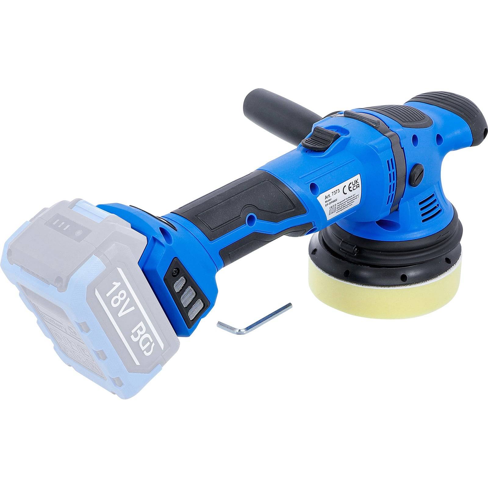Ein blauer kabelloser Poliermotor mit einem schwarzen Griffhandgriff und einer 18V-Batteriebasis, zusammen mit einem kleinen Sechskantschlüssel.