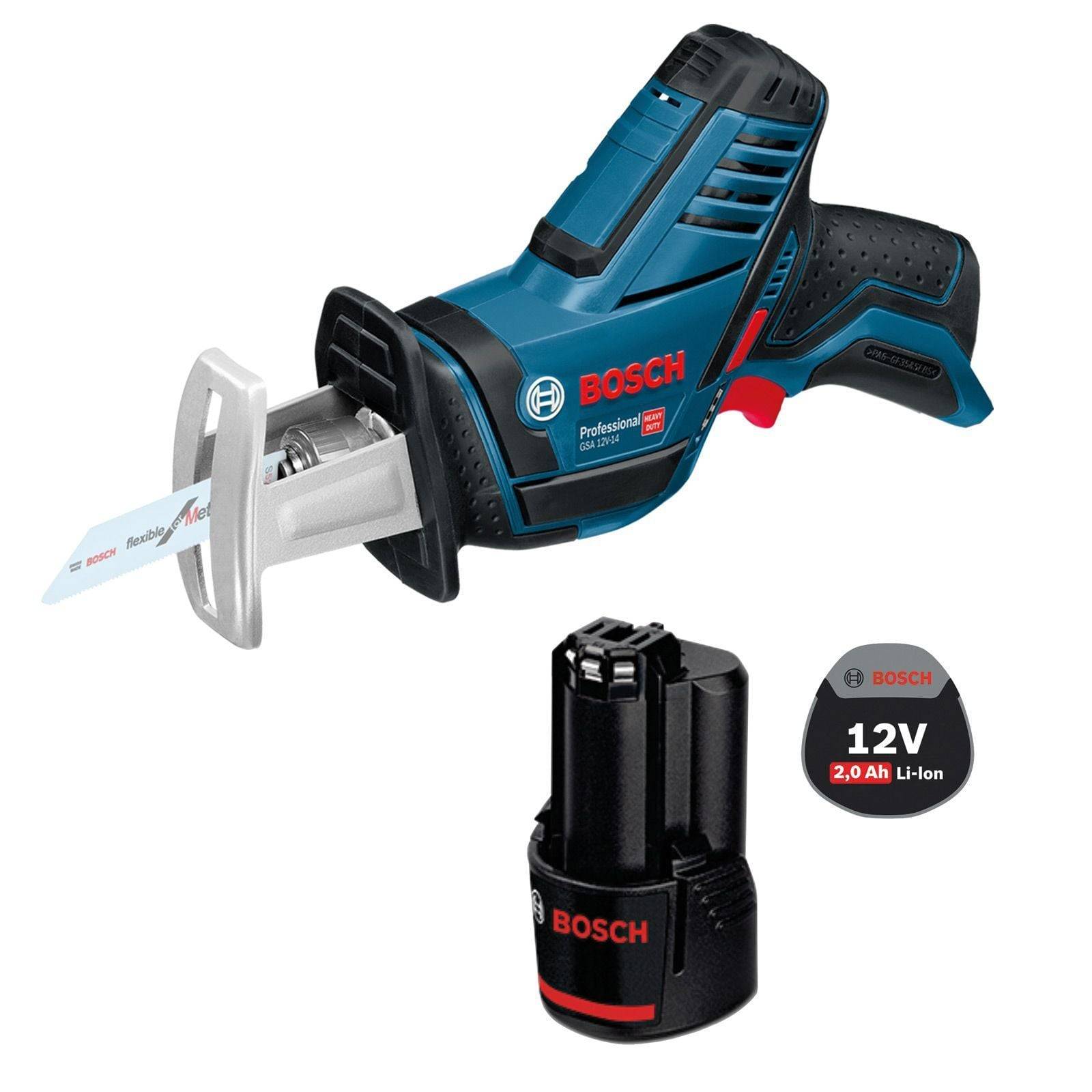 Bosch 12V Säbelsäge mit blauem und schwarzem Gehäuse, mit sichtbarer Sägeblatt. Inklusive eines 12V 2.0 Ah Li-Ionen Akkupacks.