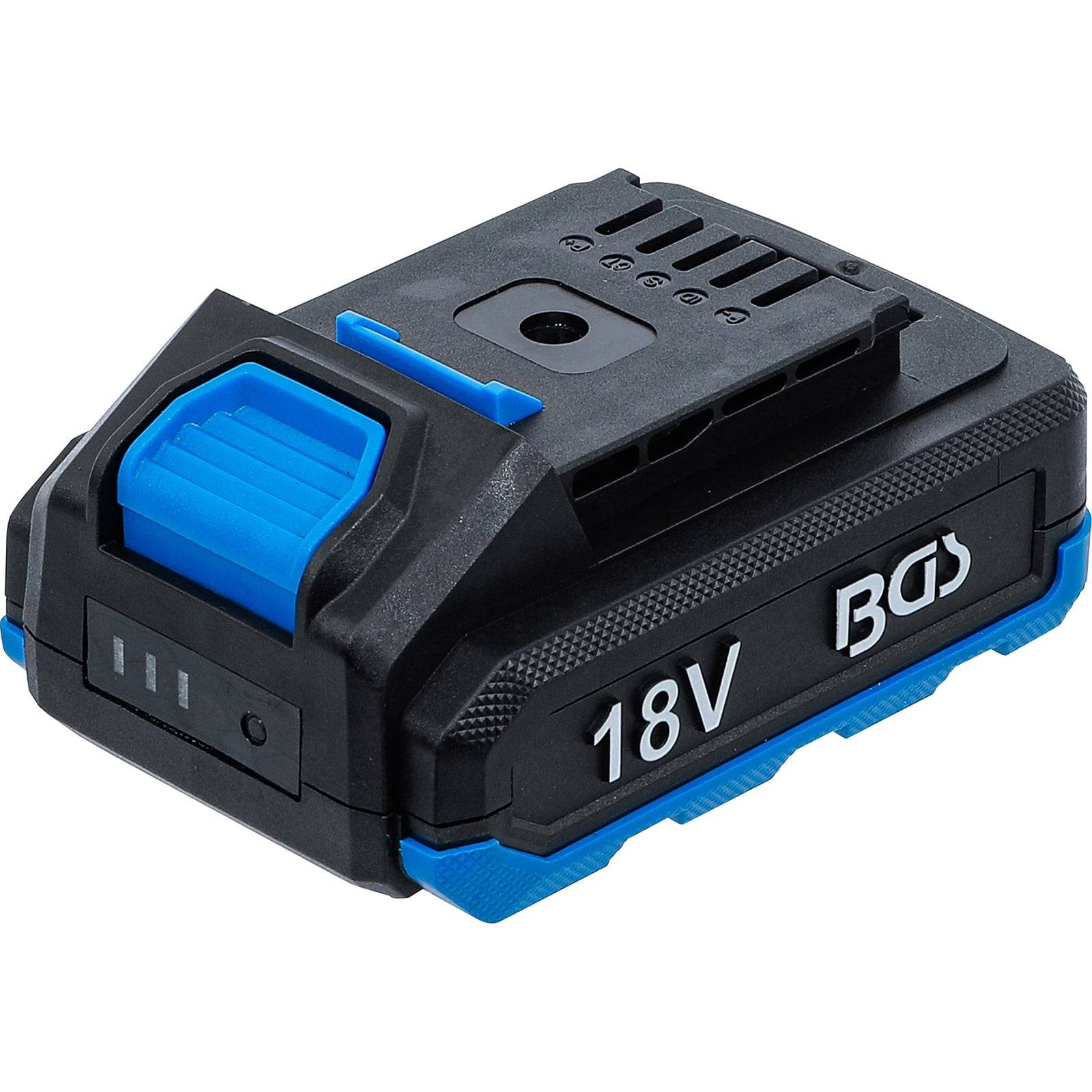 Eine schwarze und blaue 18V BGS Werkzeugakku mit Ladeanzeige und belüfteter Konstruktion.