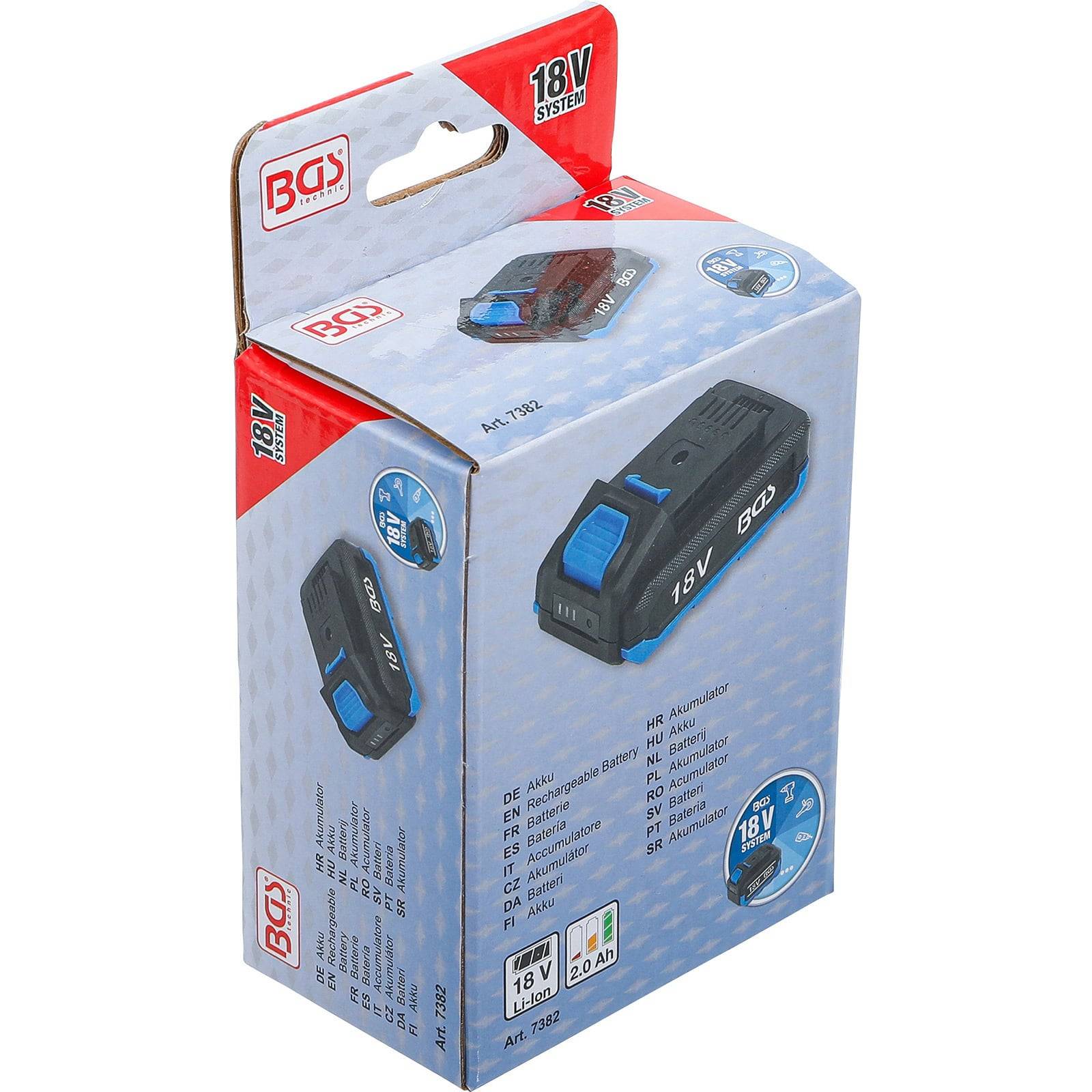 Eine blaue und weiße Verpackung, die einen 18V Li-Ion Akku für Elektrowerkzeuge zeigt, mit Markenlogos und Spezifikationen wie ‚2.0 Ah' und ‚18V System'.