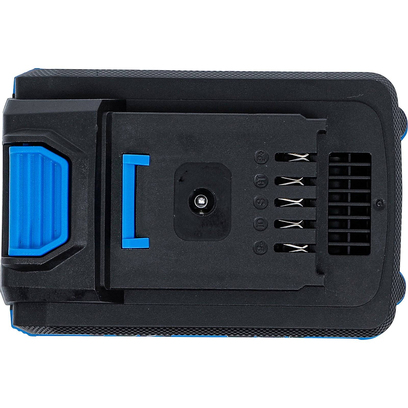 Ein schwarzer und blauer rechteckiger elektronischer Gerätekomponente, möglicherweise eine Batterie, mit einer Belüftungsöffnung und einem Anschluss an einer Seite.