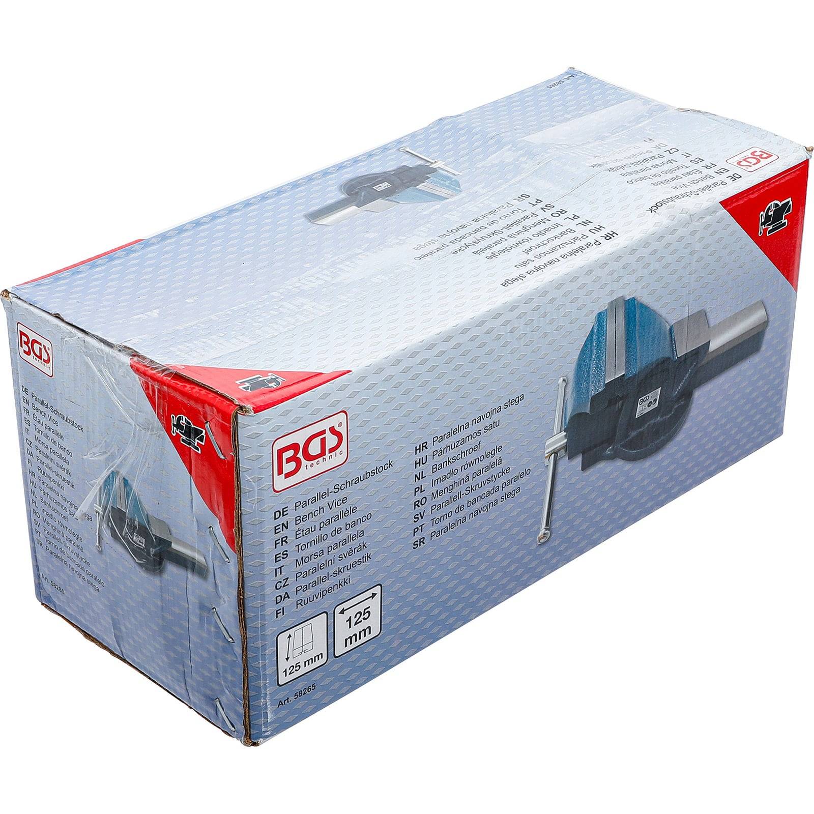 Das Bild zeigt eine blau-weiße Box mit BGS-Branding, die einen 125 mm Schraubstock enthält. Die Verpackung zeigt Produktabbildungen und mehrsprachigen Text.