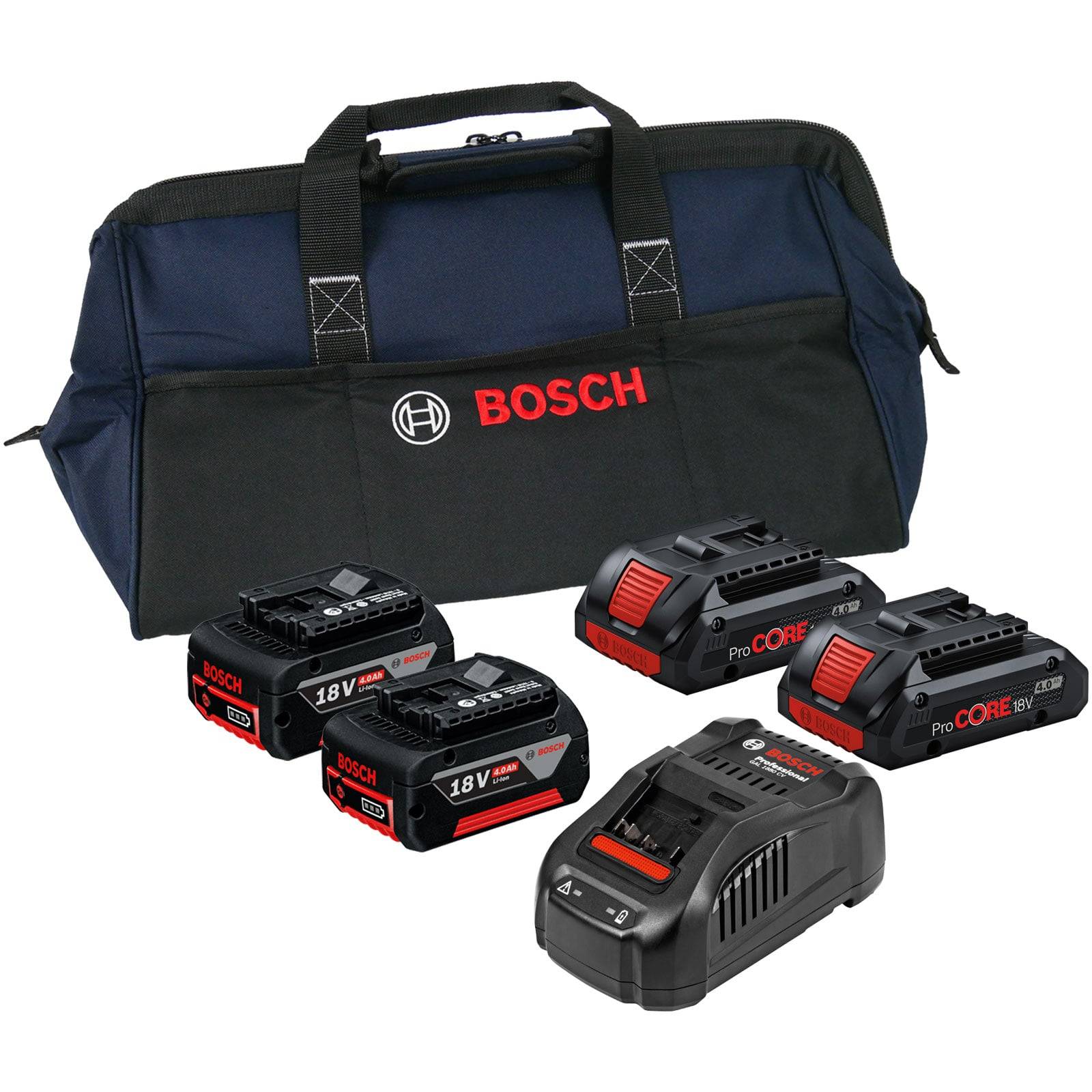 Der Werkzeugsatz der Marke 'Bosch' enthält eine schwarze Werkzeugtasche, vier 18V-Batterien und ein Ladegerät und ist ideal für Benutzer von Elektrowerkzeugen und Techniker.