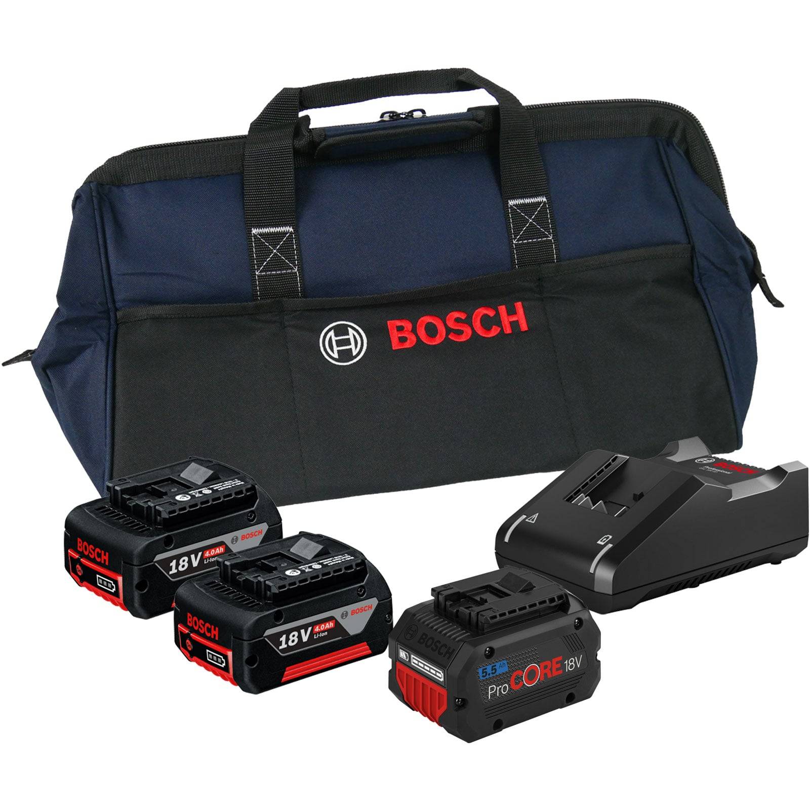 Bosch Werkzeugset mit drei 18V-Akkus, einem Ladegerät und einer Transporttasche, geeignet für Bau- oder Heimwerkerarbeiten.
