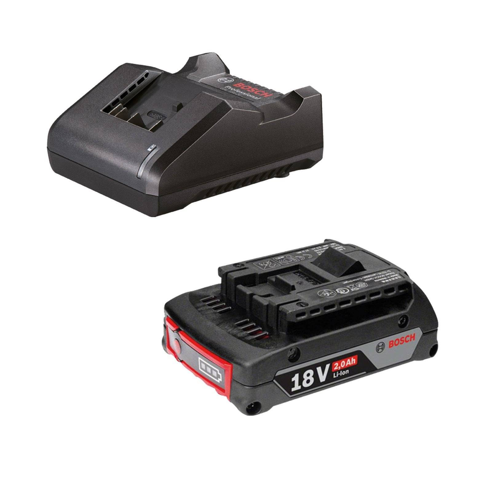 Eine Bosch-18V-Lithium-Ionen-Batterie und ein Ladegerät. Das Ladegerät ist schwarz mit einer Stromanzeigelampe. Die Batterie ist mit der Beschriftung '2,0 Ah' versehen.