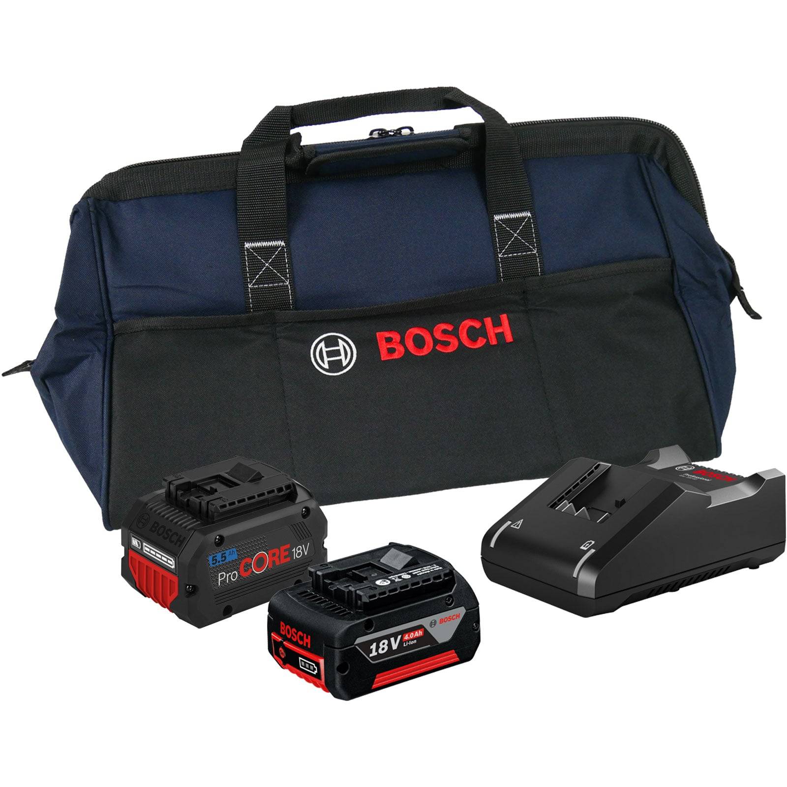 Bosch Werkzeugset mit einer Tragetasche, zwei ProCORE 18V-Akkus und einem Ladegerät, vorgesehen für die Verwendung mit Elektrowerkzeugen.