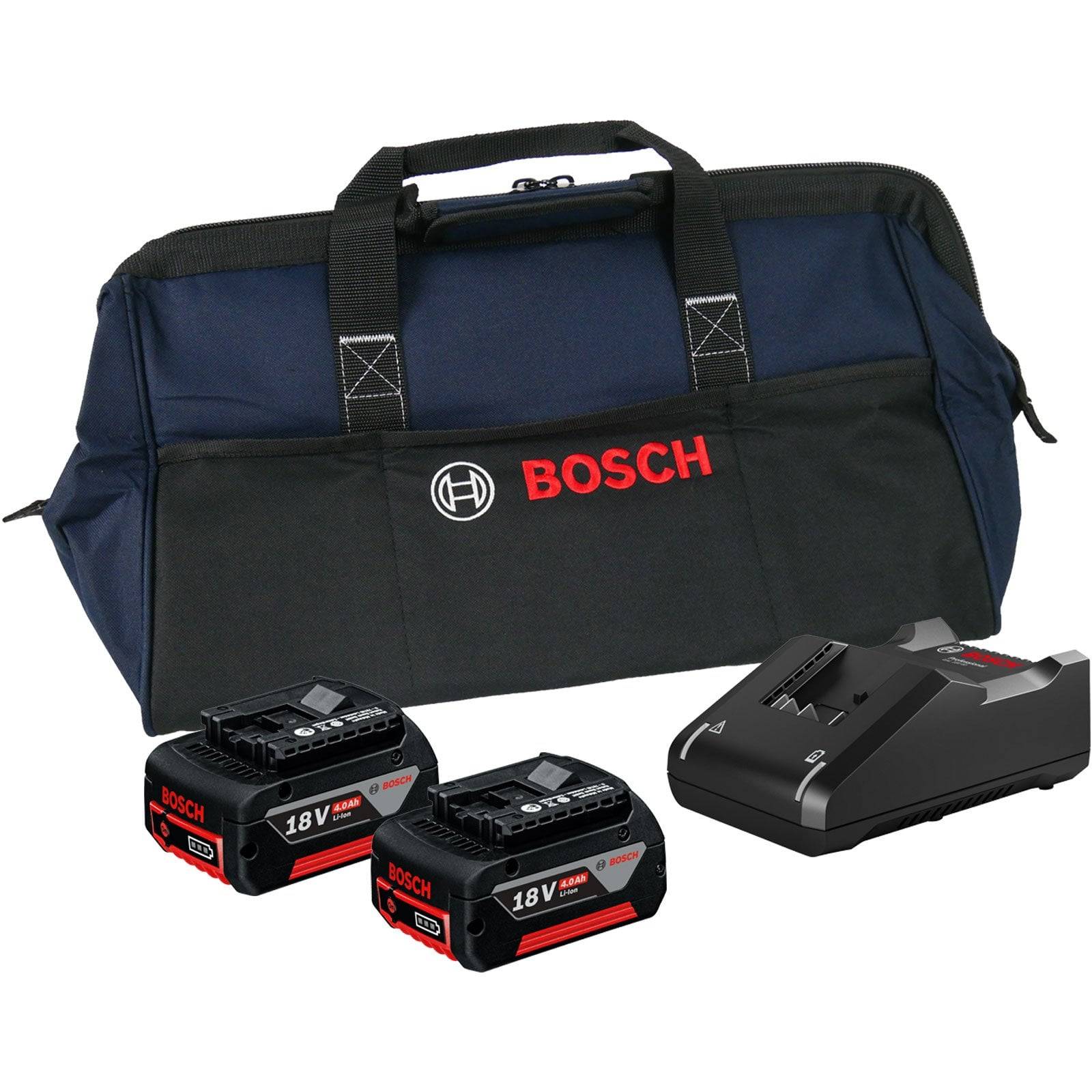 Bosch-Werkzeugset umfasst eine Tragetasche, zwei 18V-Lithium-Ionen-Akkus und ein Ladegerät, geeignet für Elektrowerkzeuge.