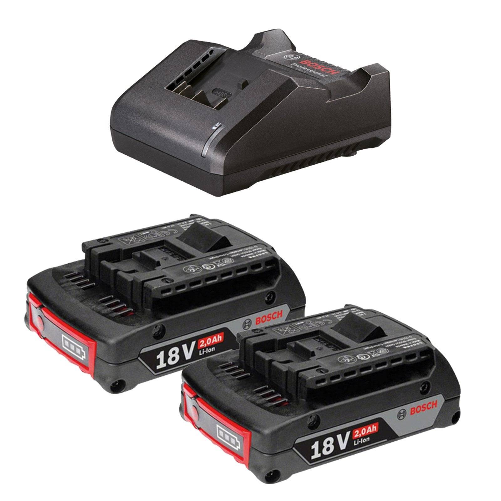 Bosch 18V Lithium-Ionen-Ladegerät mit zwei 2,0Ah Akkus, das die mobile Stromversorgungslösung für kabellose Werkzeuge präsentiert.