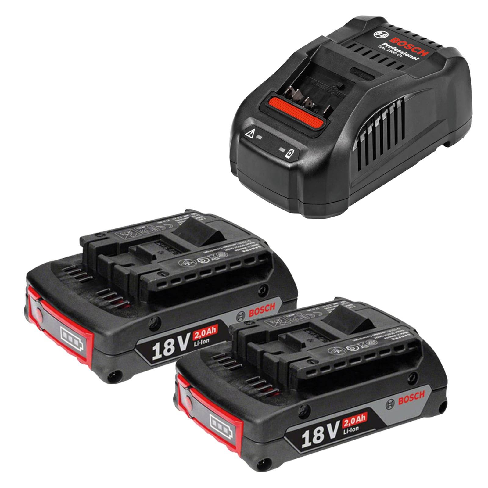 Ein schwarzes Bosch-Ladegerät mit zwei 18V 2,0Ah Lithium-Ionen-Akkus.