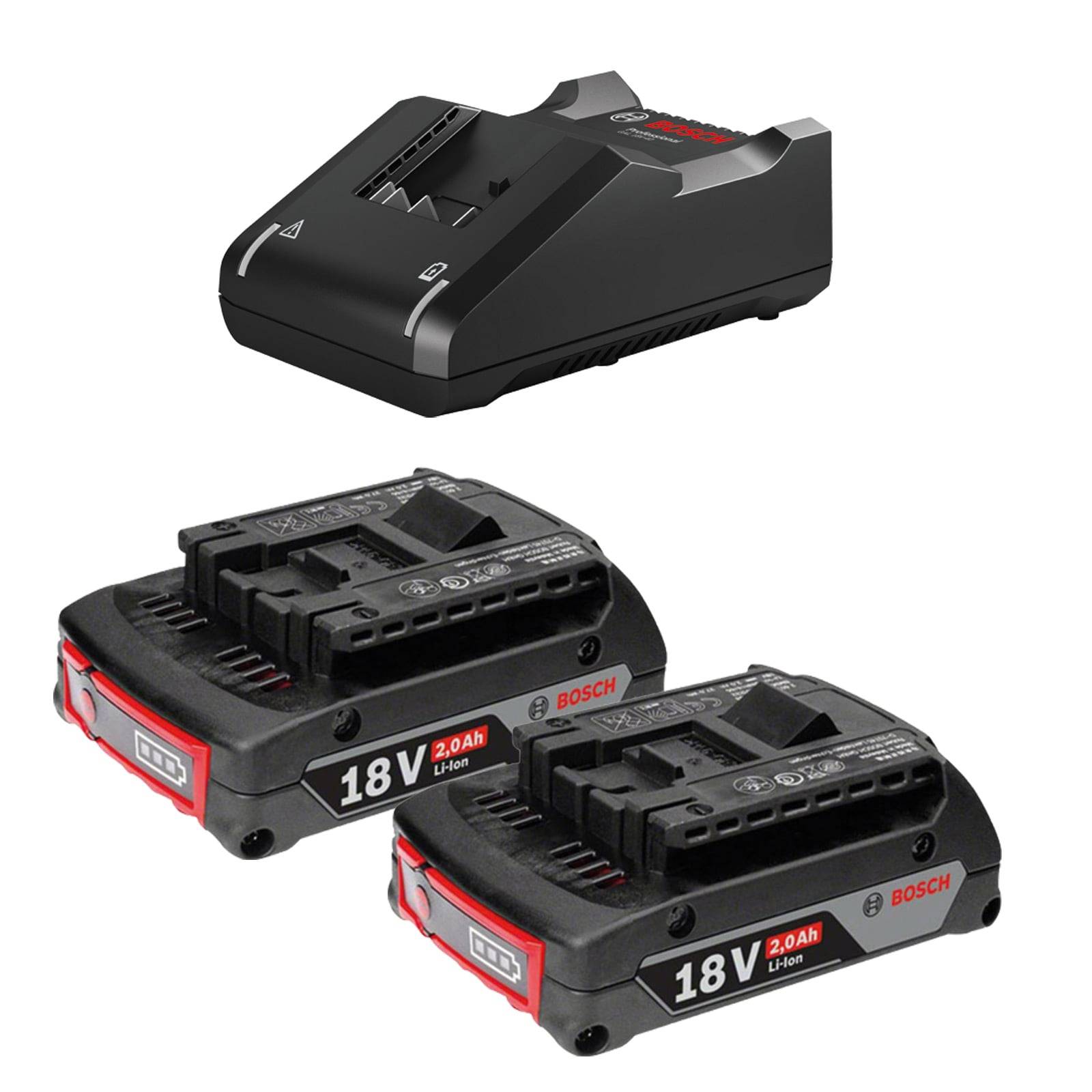 Ein schwarzes Bosch-Ladegerät neben zwei 18V 2,0Ah Bosch-Lithium-Ionen-Akkus.