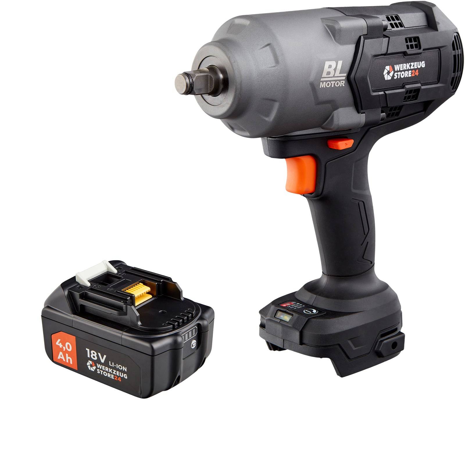 Ein drahtloser Schlagschrauber mit grauem Gehäuse, schwarzem Griff und orangefarbigem Auslöser, zusammen mit einem 18-V-Lithium-Ionen-Akku, beschriftet mit '4,0 Ah'.
