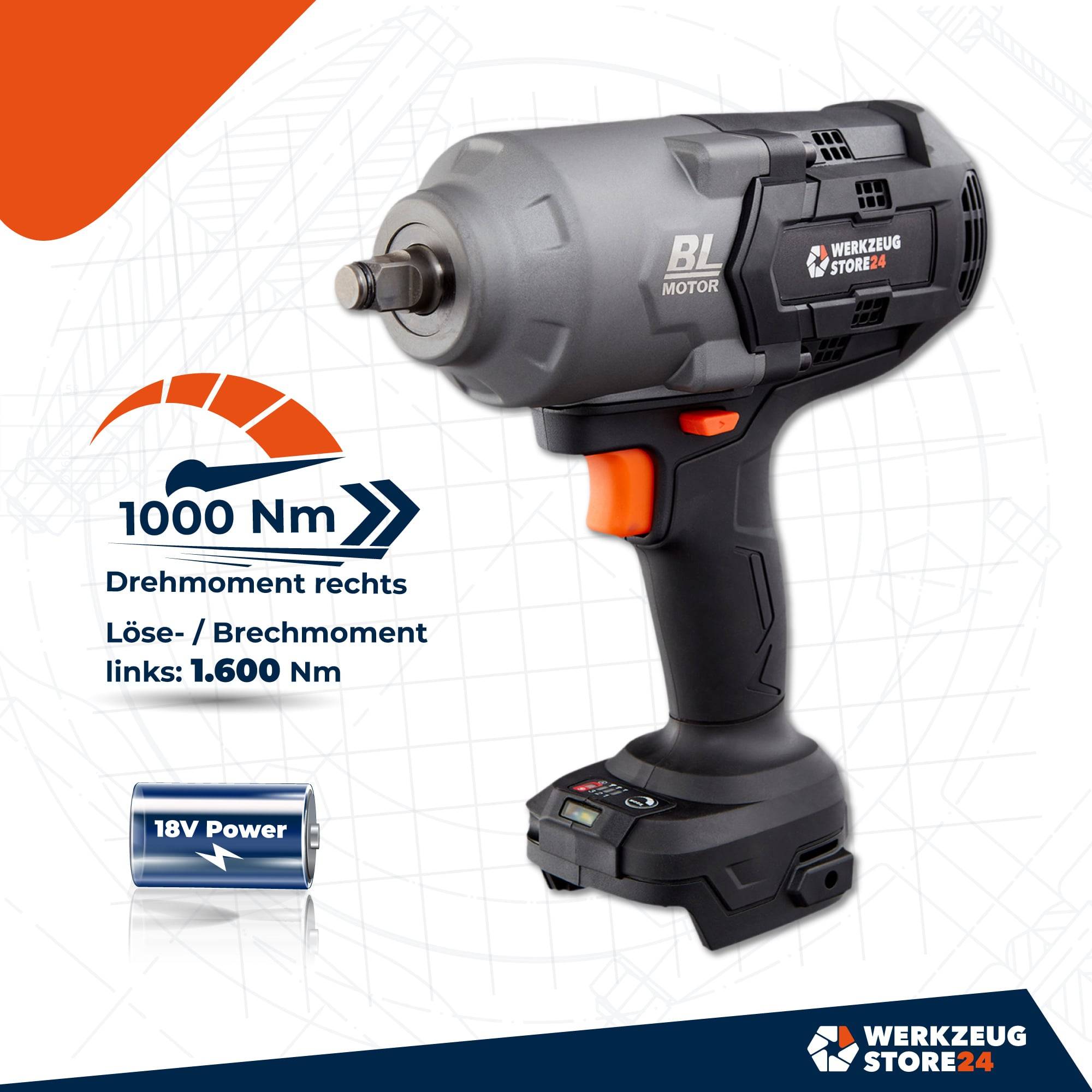 Ein kabelloser Schlagschrauber mit BL-Motor wird gezeigt. Er liefert 1000 Nm Drehmoment im Uhrzeigersinn und 1600 Nm gegen den Uhrzeigersinn. Inklusive 18V Leistung.