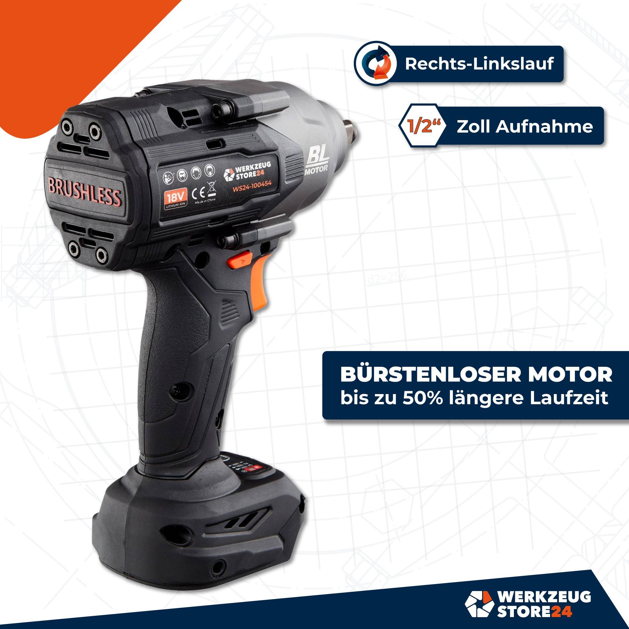 Nahaufnahme eines bürstenlosen Motoren-Werkzeugs mit hervorgehobenen Merkmalen: „Rechts-Linkslauf
