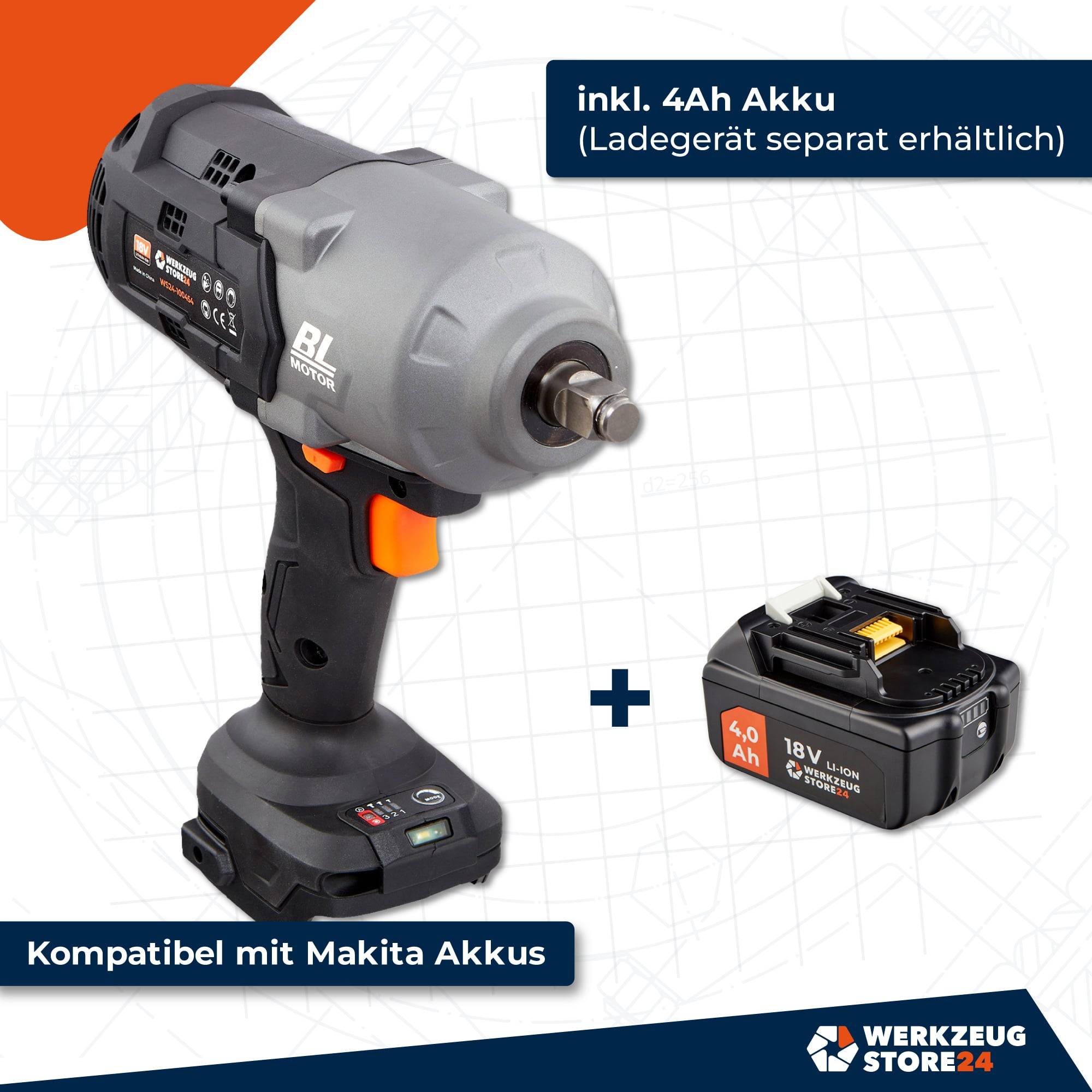 Kompatibel mit Makita-Akkus' Schlagschrauber mit Akku gezeigt. Text: 'inkl. 4Ah Akku (Ladegerät separat erhältlich)'.