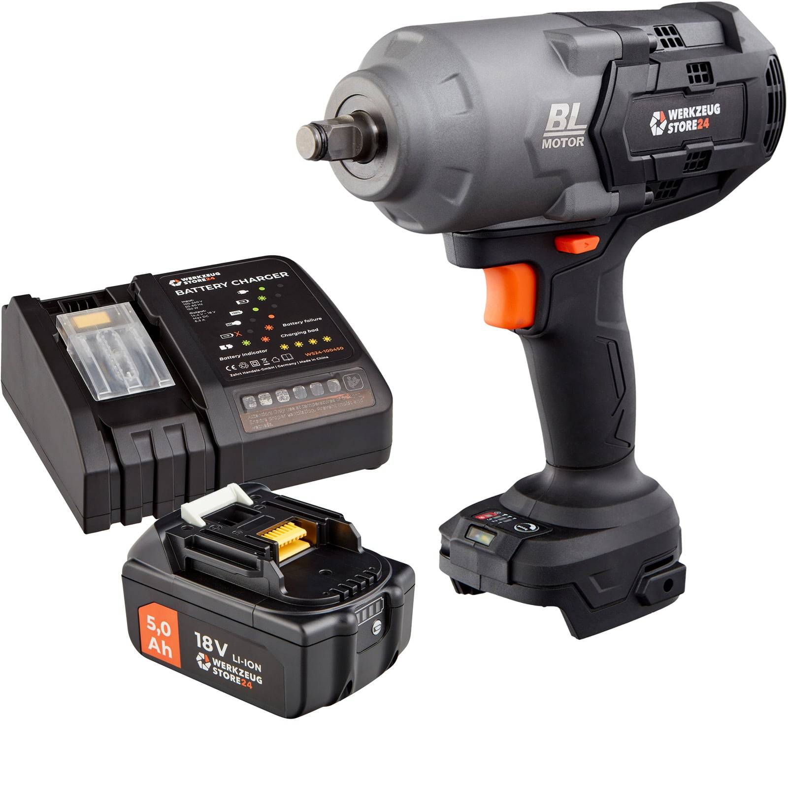 Kabelloser Schlagschrauber-Satz mit Akku, Ladegerät und Werkzeug. Der Schlagschrauber ist schwarz und grau und verfügt über einen 18V, 5,0 Ah Lithium-Akku.