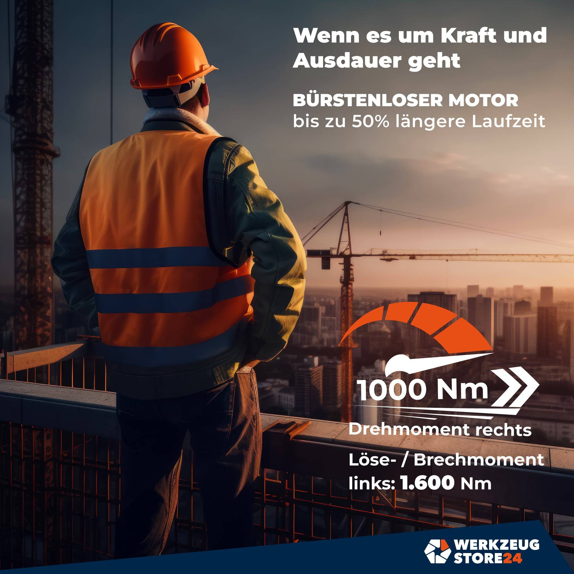 Ein Bauarbeiter mit Schutzhelm blickt in einen Sonnenuntergang. Text auf Deutsch hebt die Vorteile eines bürstenlosen Motors mit Drehmomenteigenschaften hervor.