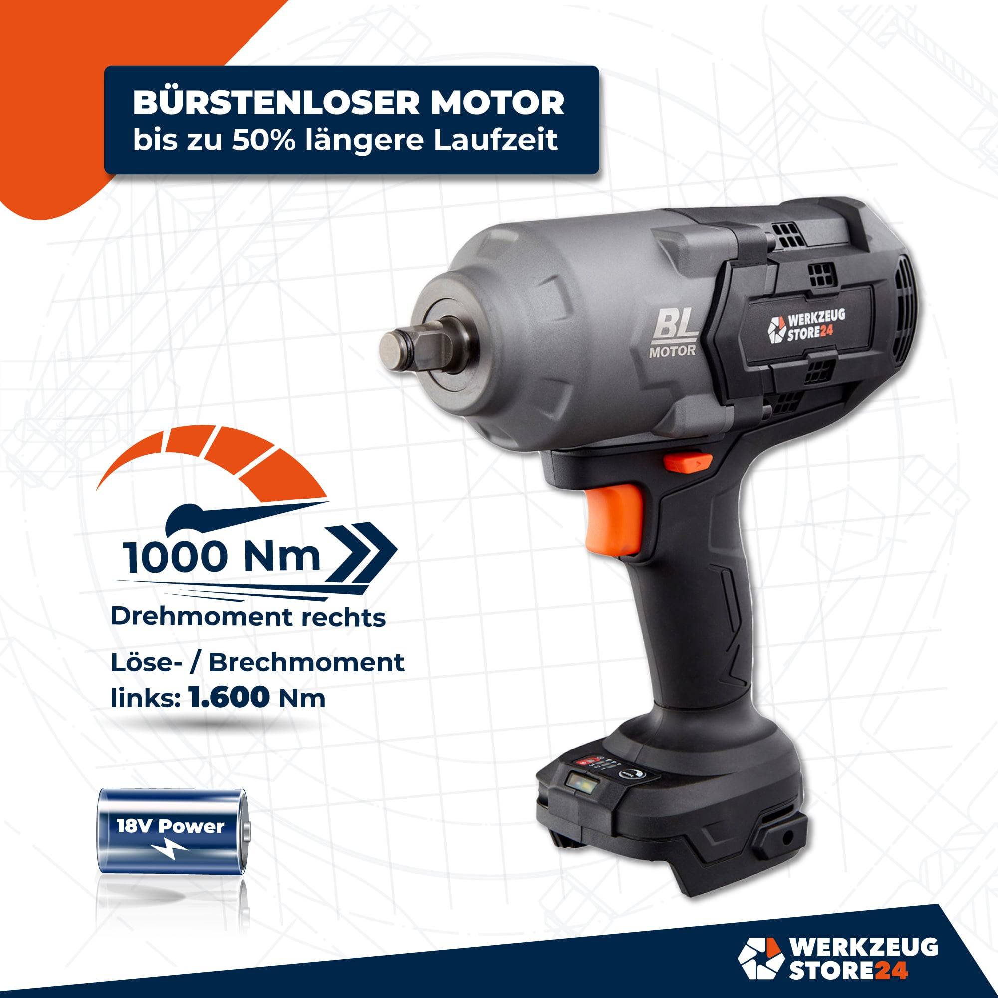 Ein kabelloser Schlagschrauber mit hervorgehobenen Vorteilen des bürstenlosen Motors: 1000 Nm Drehmoment rechts, 1600 Nm links, 18V Leistung, Werkzeugbild dargestellt.