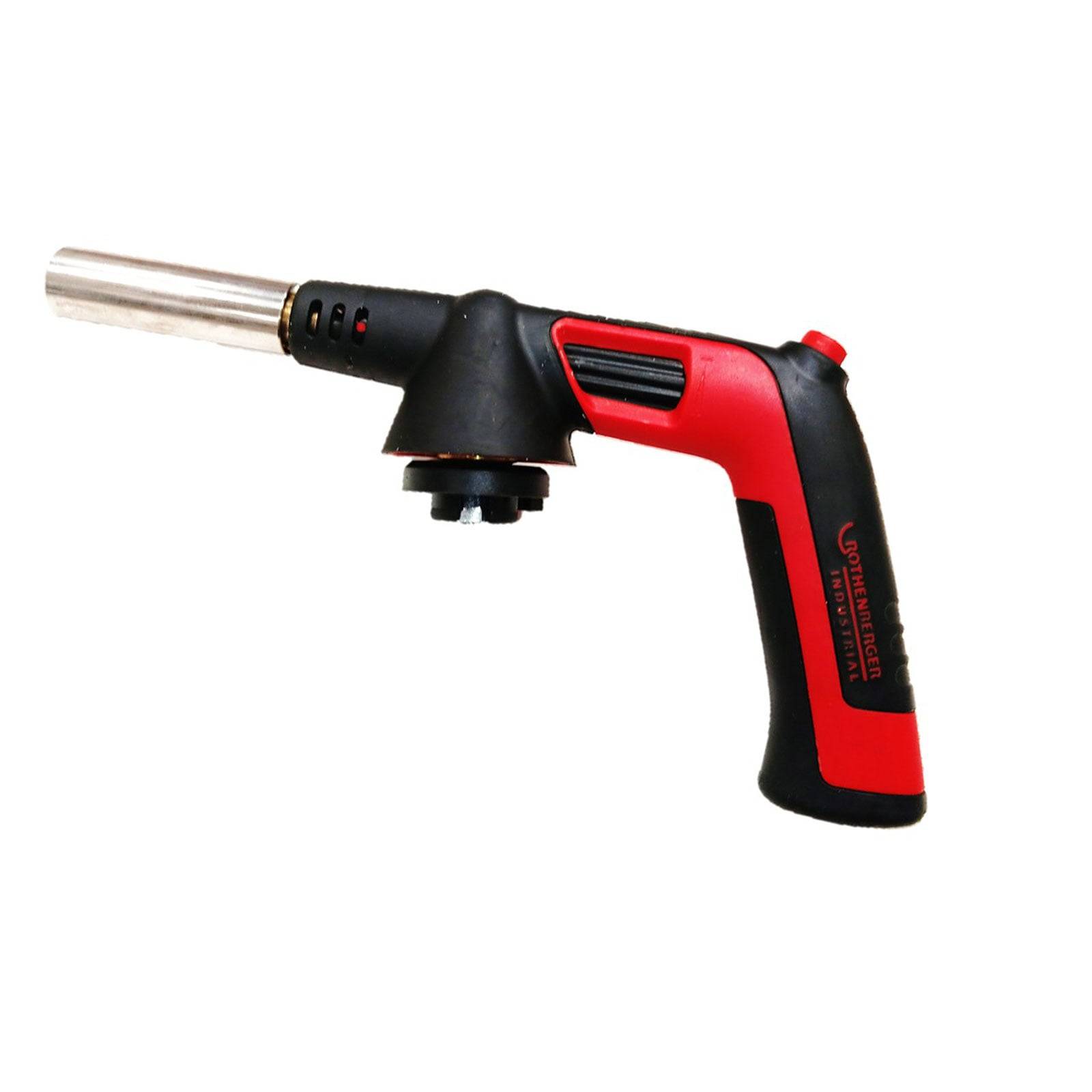 Ein roter und schwarzer Butangasbrenner mit einem ergonomischen Griff und einem Auslöser zur Aktivierung.