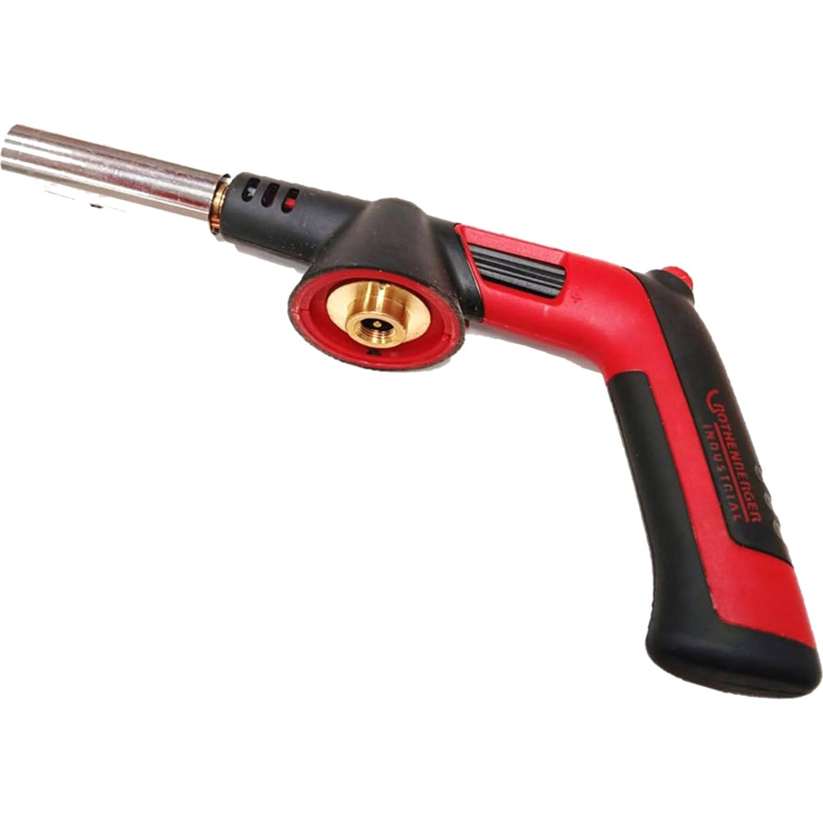 Eine rot-schwarze tragbare Lötlampe mit metallischer Düse, konstruiert für Aufgaben wie Löten oder Erhitzen.