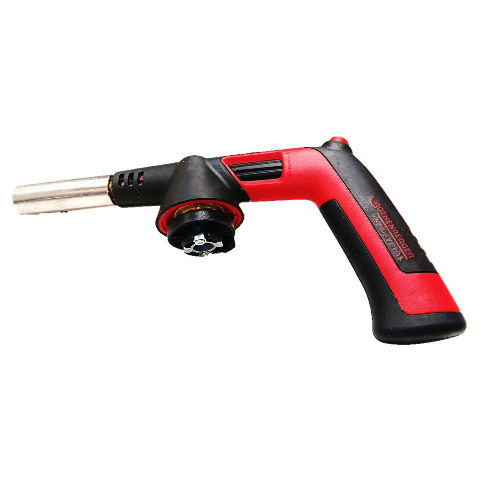 Ein rot-schwarzer Butanbrenner mit einer metallischen Düse und ergonomischem Griff, entwickelt für kulinarische oder handwerkliche Zwecke.