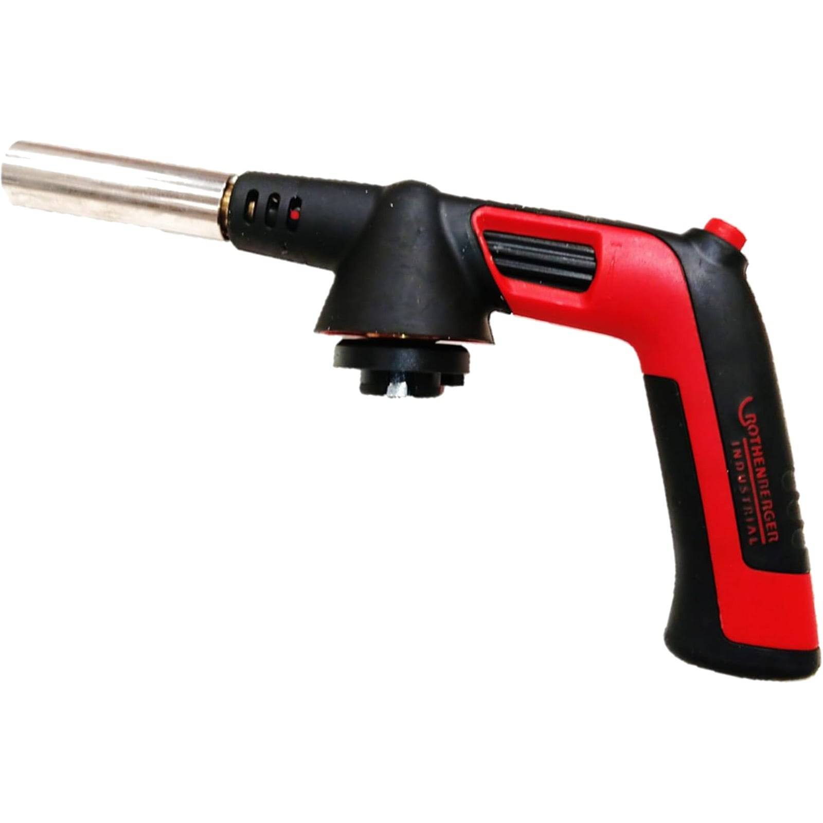 Ein rot und schwarz handgeführter Lötkolben mit metallischer Düse, der zum Erhitzen oder Löten verwendet wird. Mit dem Markennamen auf dem Griff gekennzeichnet.