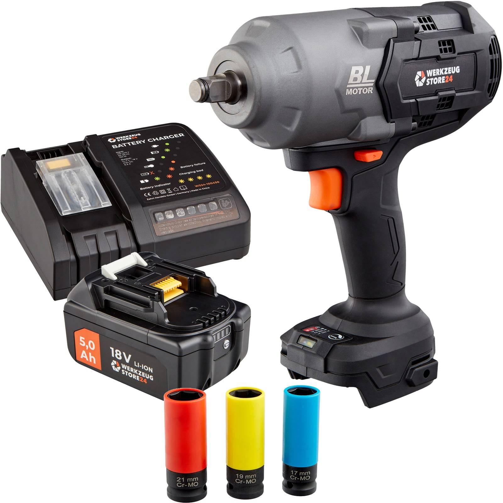 Akku-Schlagschrauber mit Akku, Ladegerät und farbcodierten Steckschlüsseln. Schwarzes Werkzeug mit orangefarbenen Akzenten und 'BL Motor' Etikett.