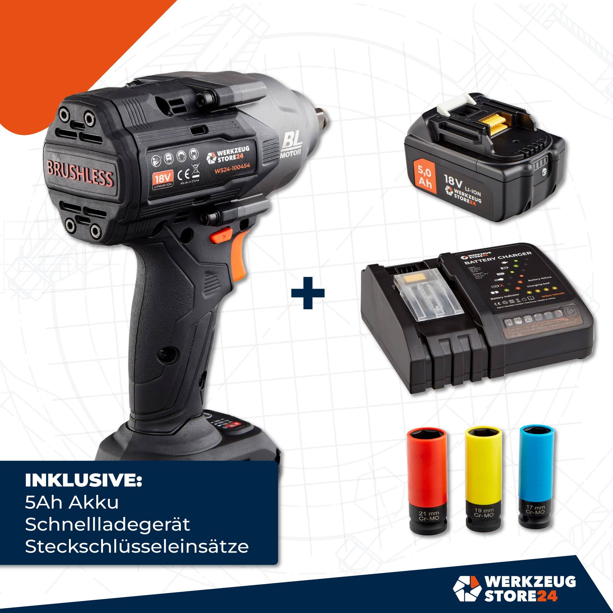 Eine kabellose Schlagschrauber mit 'BÜRSTENLOS' und '18V' gekennzeichnet, inklusive einer 5Ah Batterie, Schnellladegerät und Steckschlüsselsätzen in verschiedenen Farben.