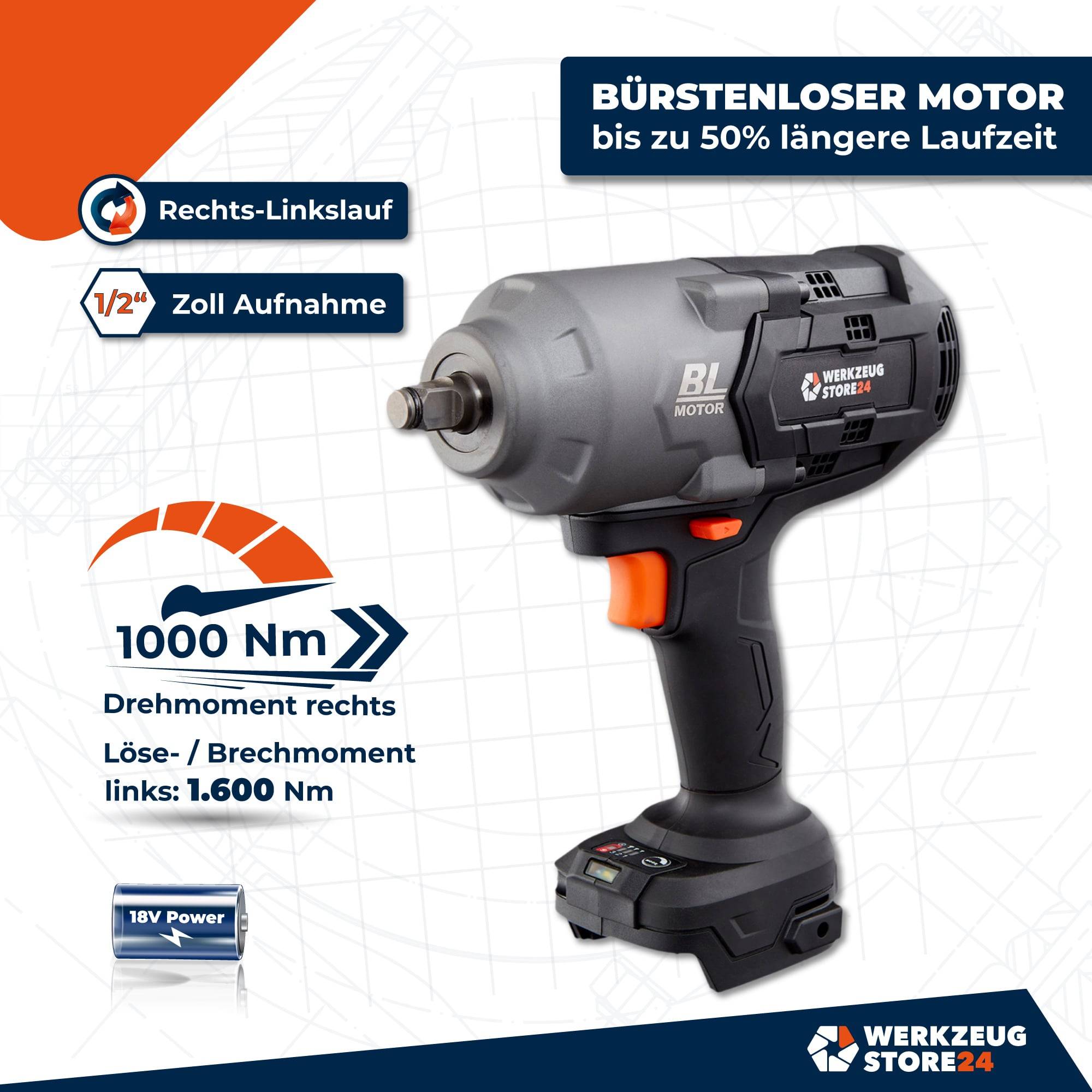 Ein kabelloser Schlagschrauber mit Markenbrandung. Zu den Merkmalen gehören: bürstenloser Motor, 1/2