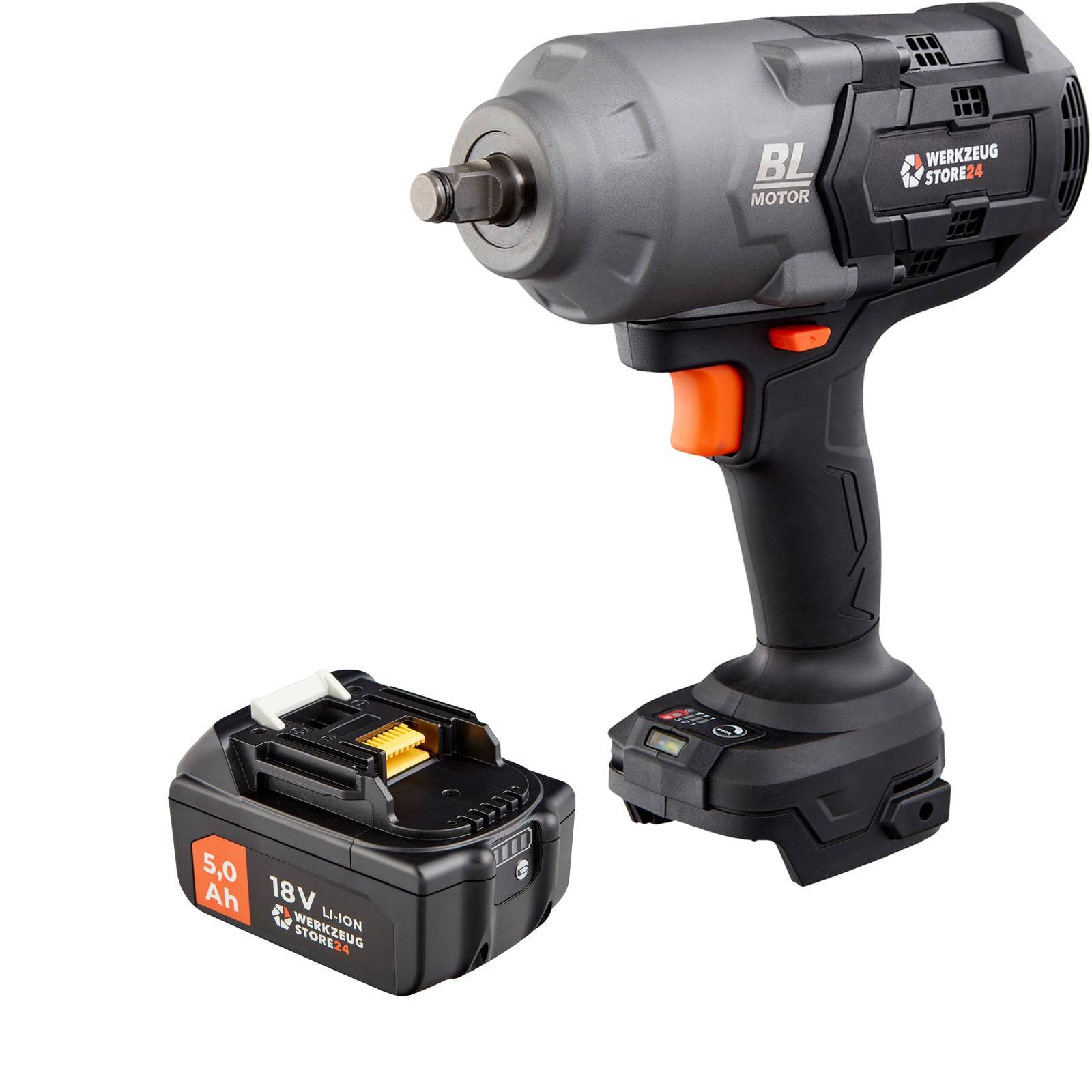 Ein Akku-Schlagschrauber und ein 18V-Lithium-Ionen-Akkuset. Der Schrauber ist schwarz mit orangefarbenen Akzenten und trägt den Text 