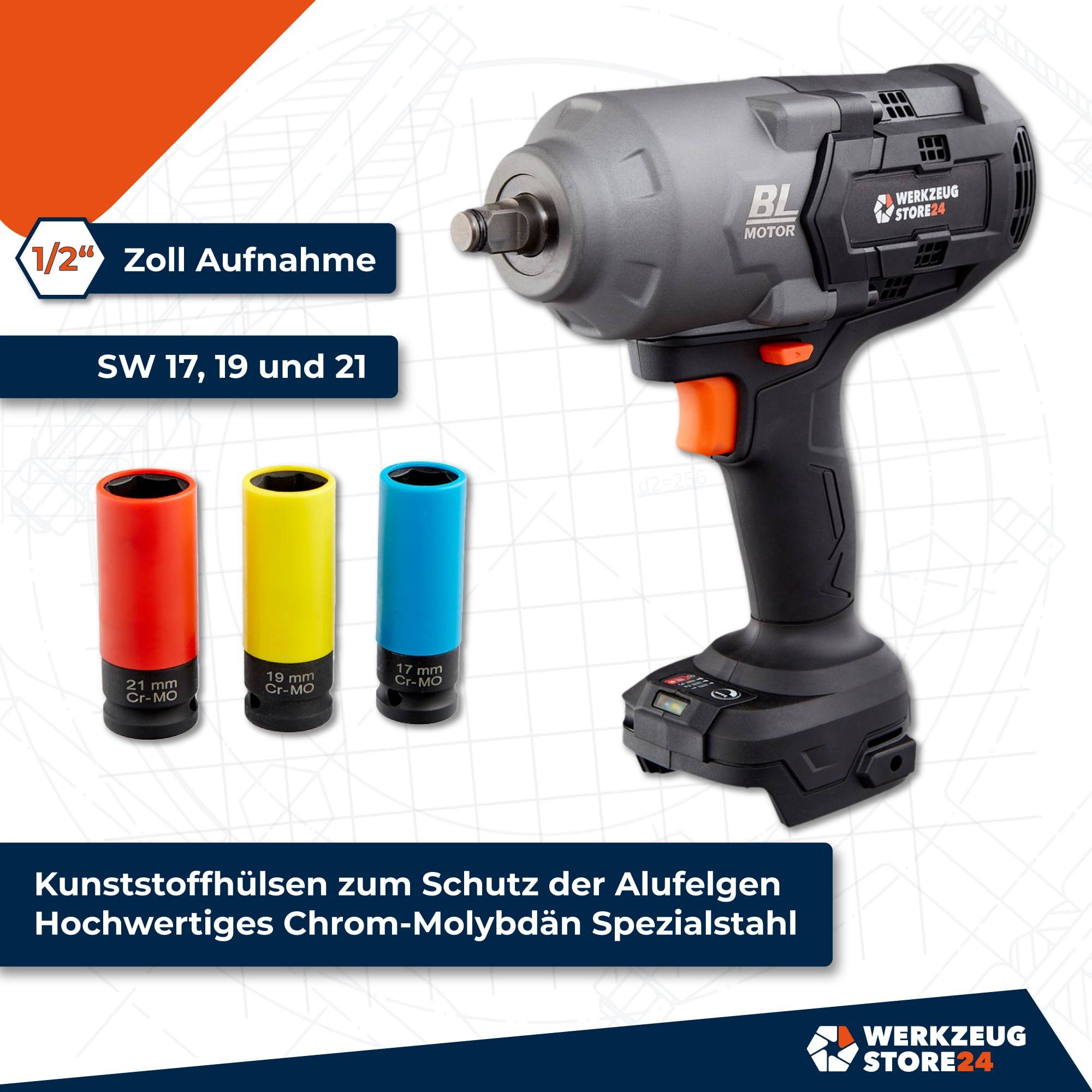 Leistungswerkzeug mit 1/2-Zoll-Aufnahme, Steckschlüsseleinsätze 17, 19, 21 mm. Inklusive Kunststoffschutzhüllen. Geeignet für hochlegierte Chrom-Molybdän-Stähle.