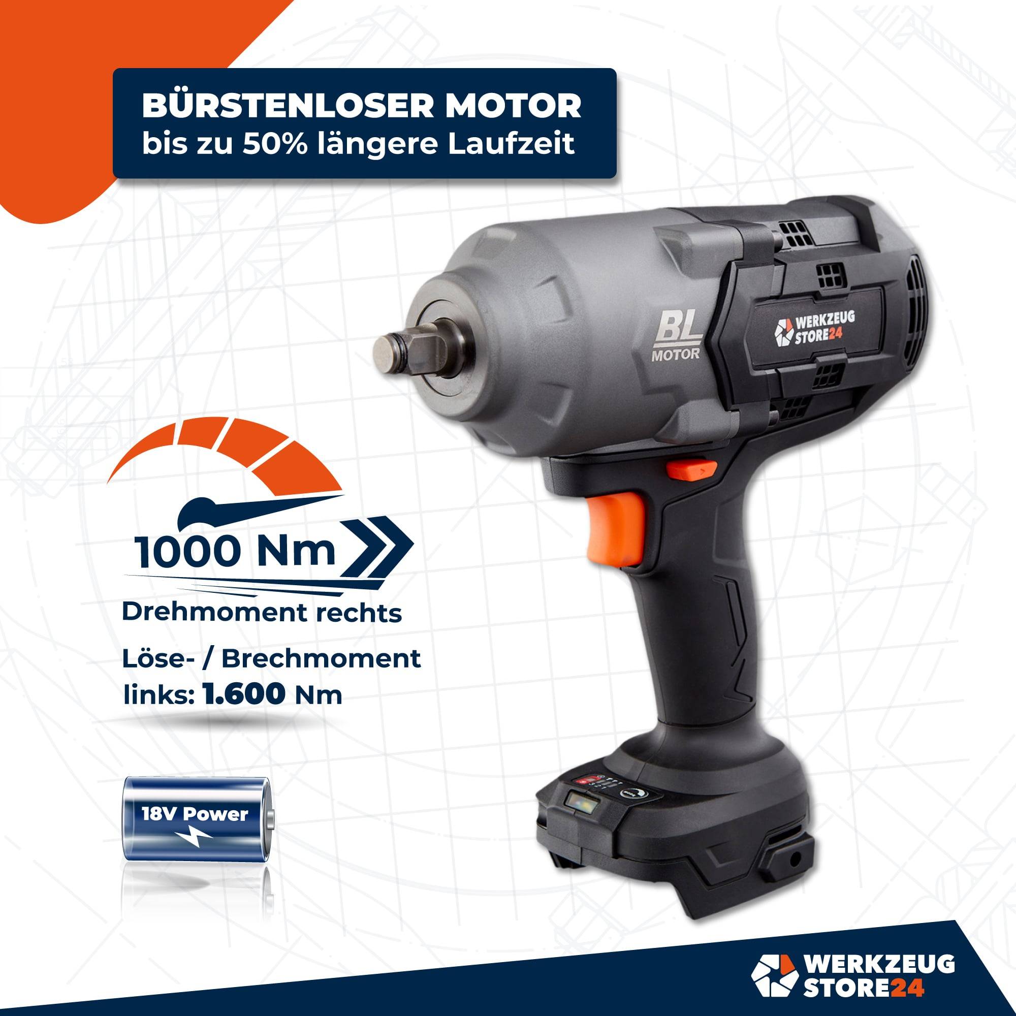 Leistungsstarke schwarze und graue kabellose Schlagschrauber mit Etikett ‚Bürstenloser Motor', Drehmoment 1000 Nm rechts; 1600 Nm links; 18V Leistung.