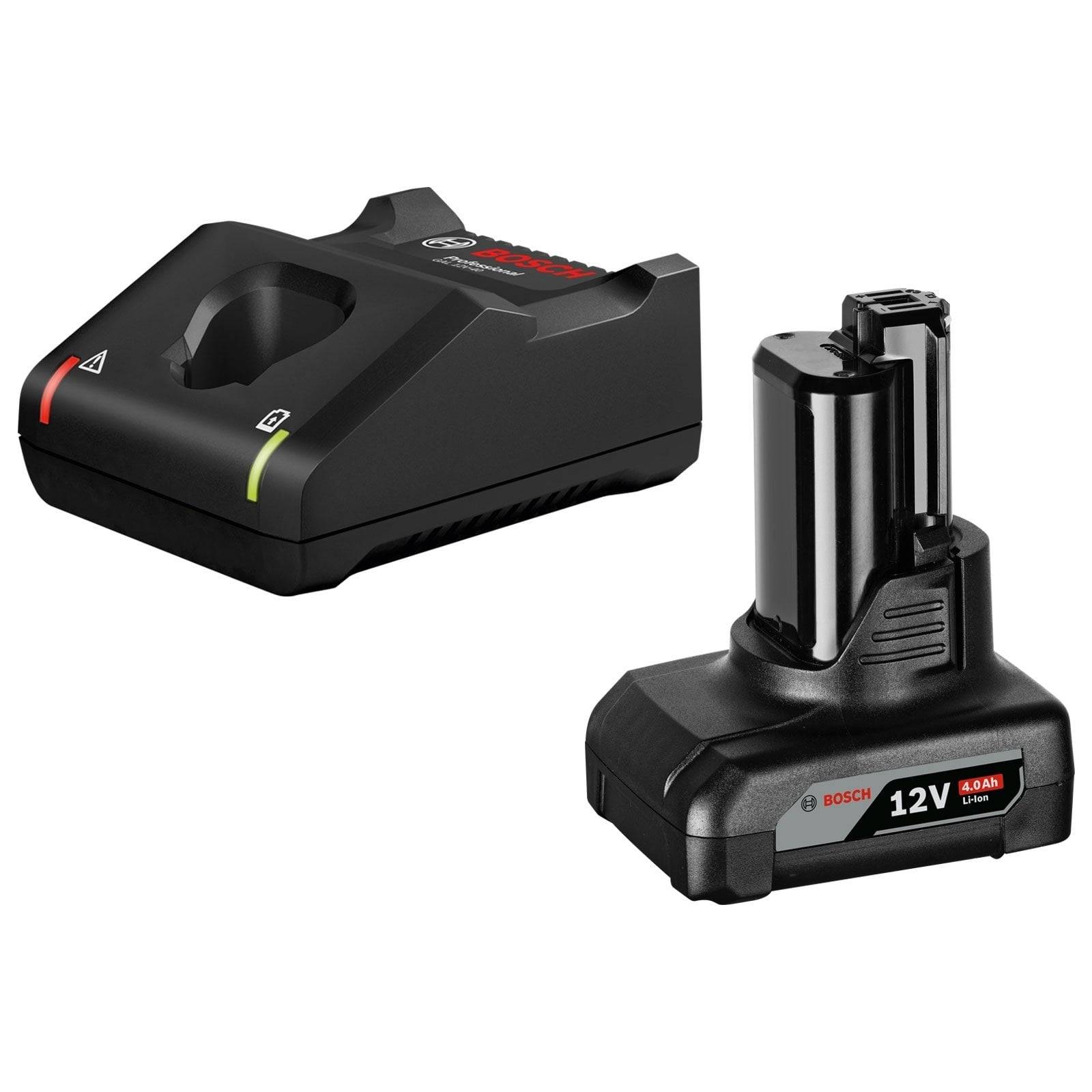 Ein Bosch 12V-Akku und Ladegerät-Set. Der schwarze Akku zeigt die Marke und Spannung, während das Ladegerät LED-Anzeigen besitzt.
