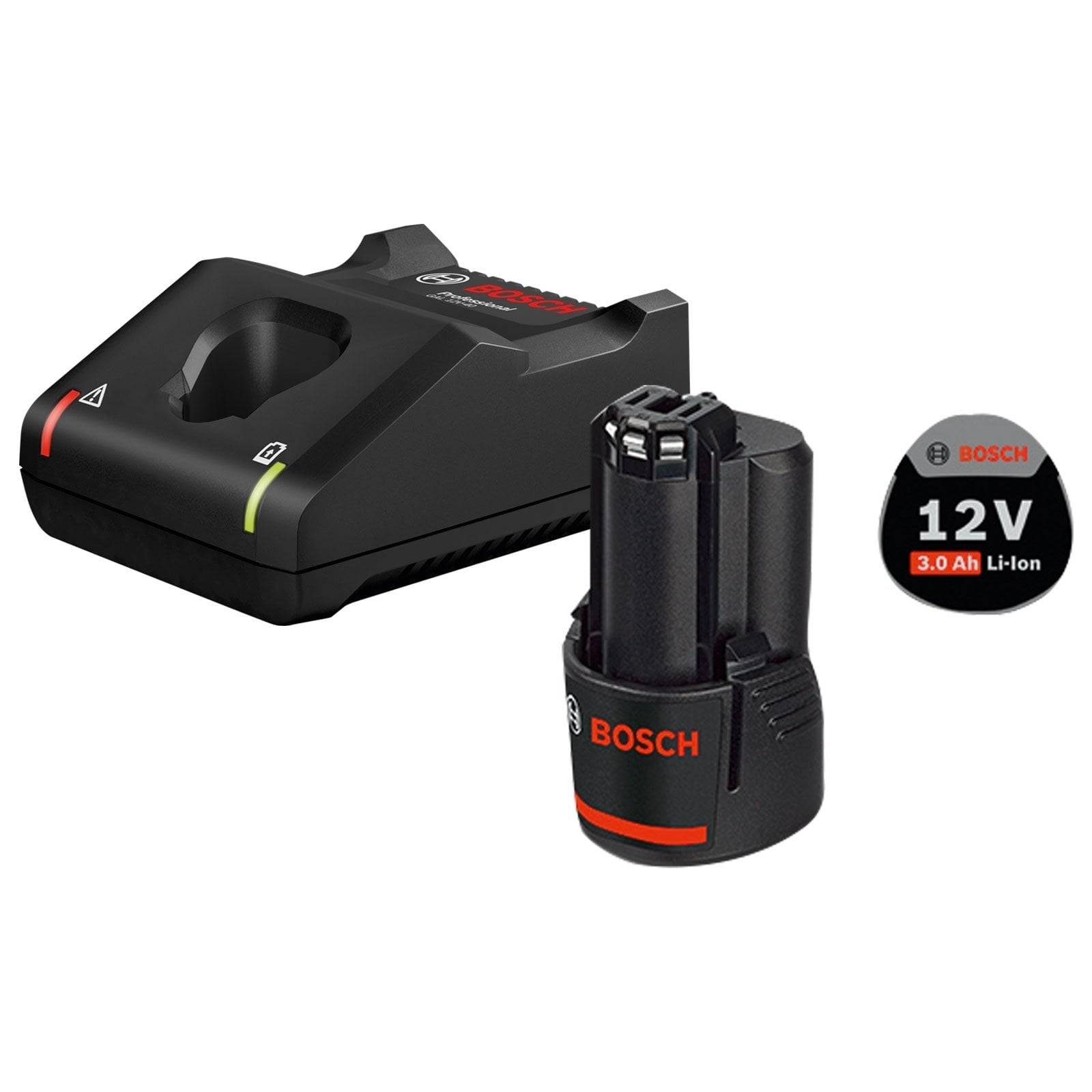 Bosch 12V 3,0Ah Li-Ionen-Akku und Ladegerät-Set. Das Ladegerät verfügt über LED-Anzeigen für Netz- und Ladestatusinformationen. Kompaktes Design für kabellose Werkzeuge.